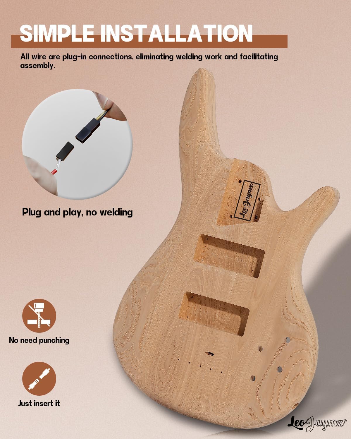 Leo Jaymz DIY Electric Bass Guitar Kits -Roasted Ash Body,Roasted Maple Neck and Ebony Fingerboard - Fully Components Included (IB 4Strings)