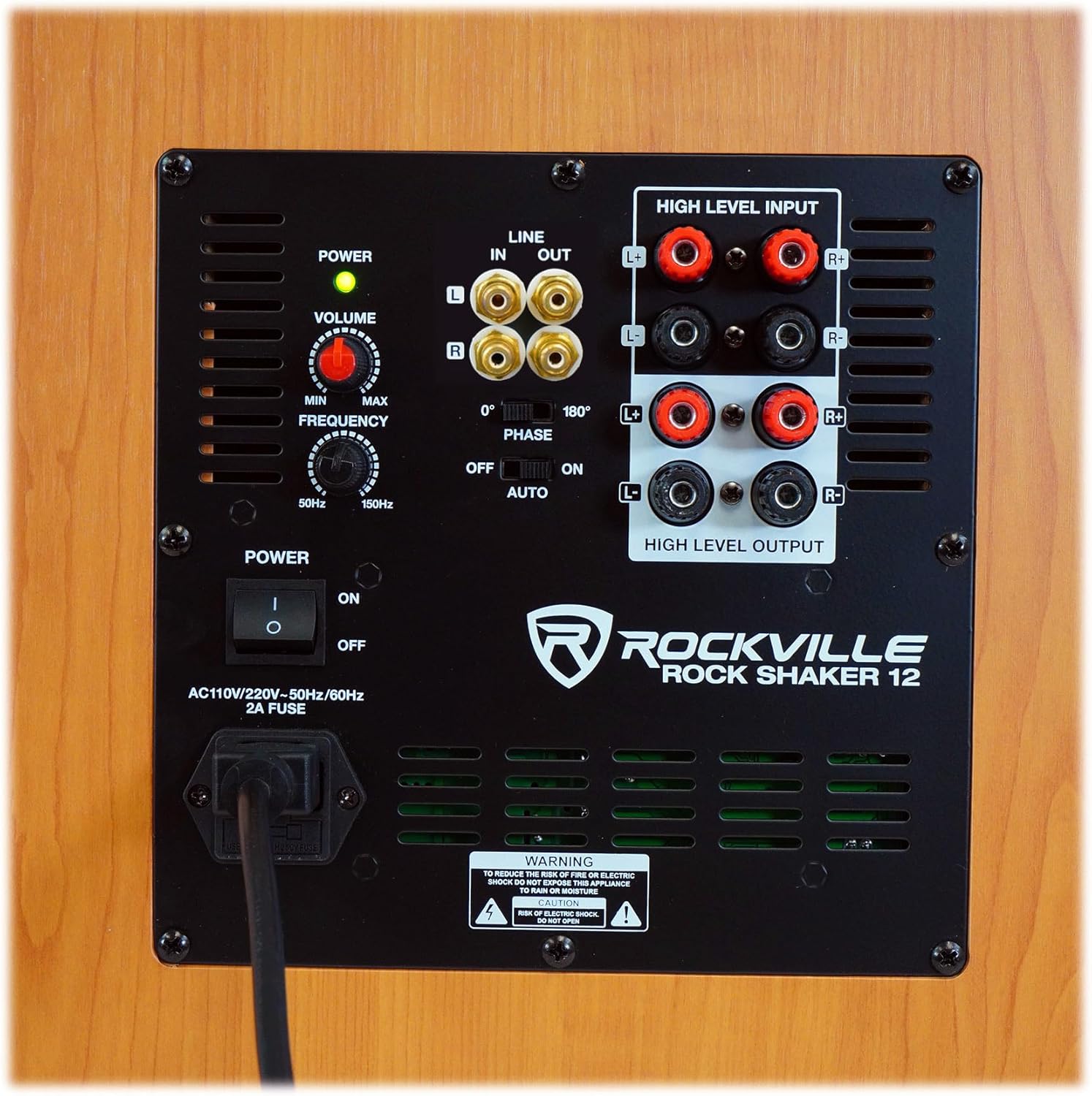 Rockville Rock Shaker 12 Wood 800W Peak/400W RMS Powered Home Theater Subwoofer 4 Ohm, Deep Bass, MDF Enclosure, RCA/High-Level Inputs, for Movies and Music