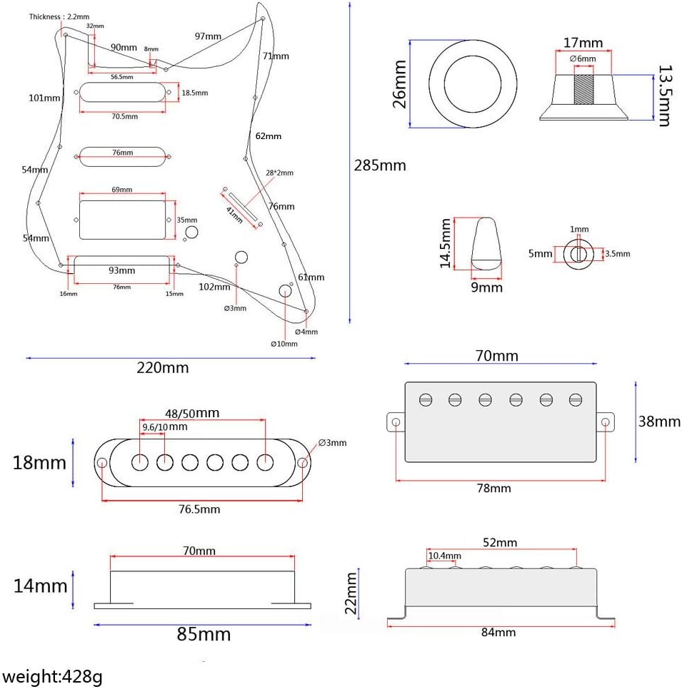 Prewired Loaded Pickguard,Electric Guitar Pickguard with SSH Pickup Set, 3-ply Humbucker for Stratocaster Pick Guard Loaded High Output Alnico V Single Coil Pick-ups Replacement Parts