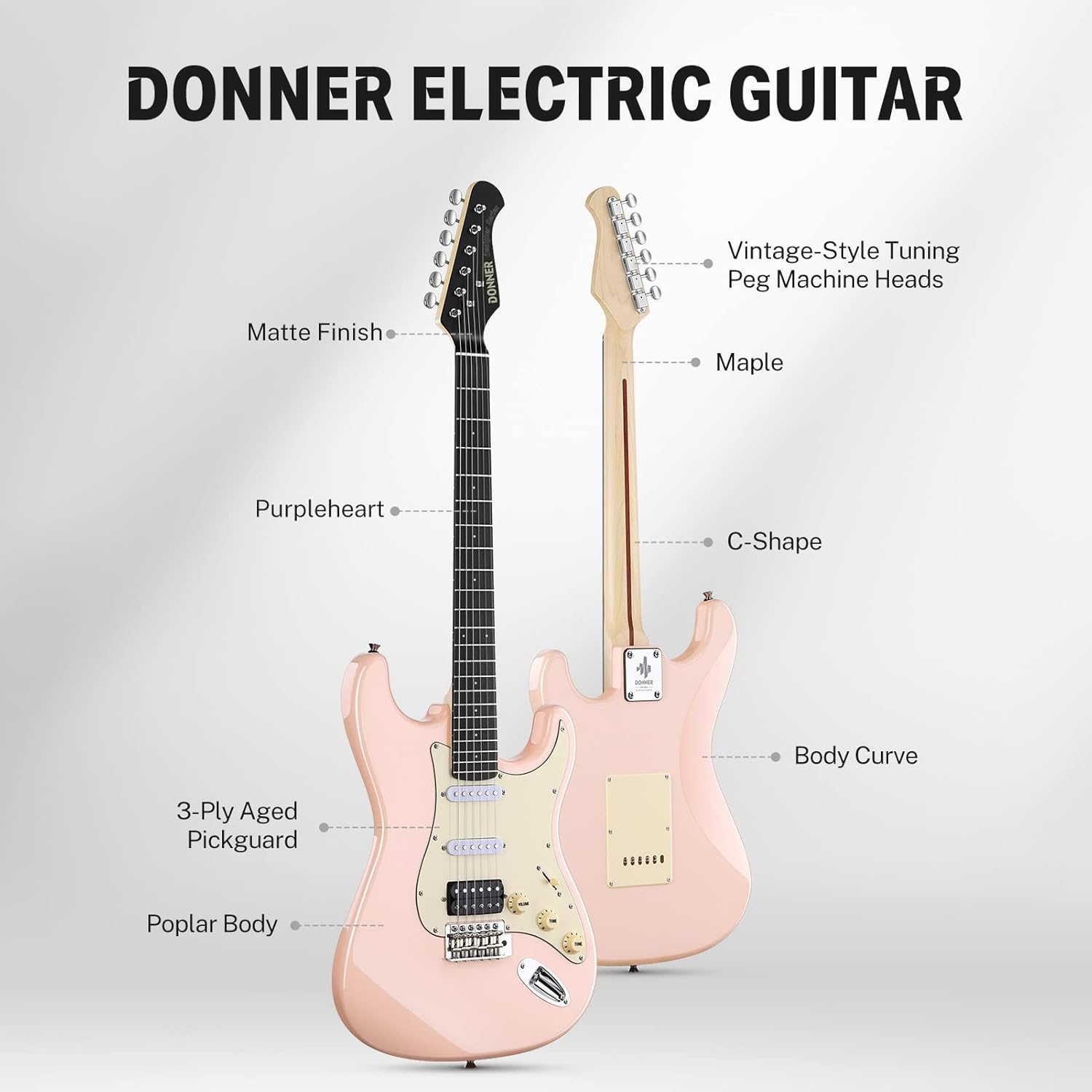 Donner 39 Inch Electric Guitar, Designer Series DST-200 Stylish Solid Body Electric Guitar for Beginner Intermediate & Pro Players, Single Coil Split System, Bonus Bag, Cable, Strap Blossom Pink