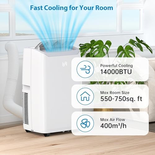 14000Btu Portable Air Conditioner Cools up to 750 Sq.Ft, 3-in-1 Quiet Portable AC Unit with Remote Control & Installation Kits for Large Room, 3 Speed, Auto Swing, 24H Timer