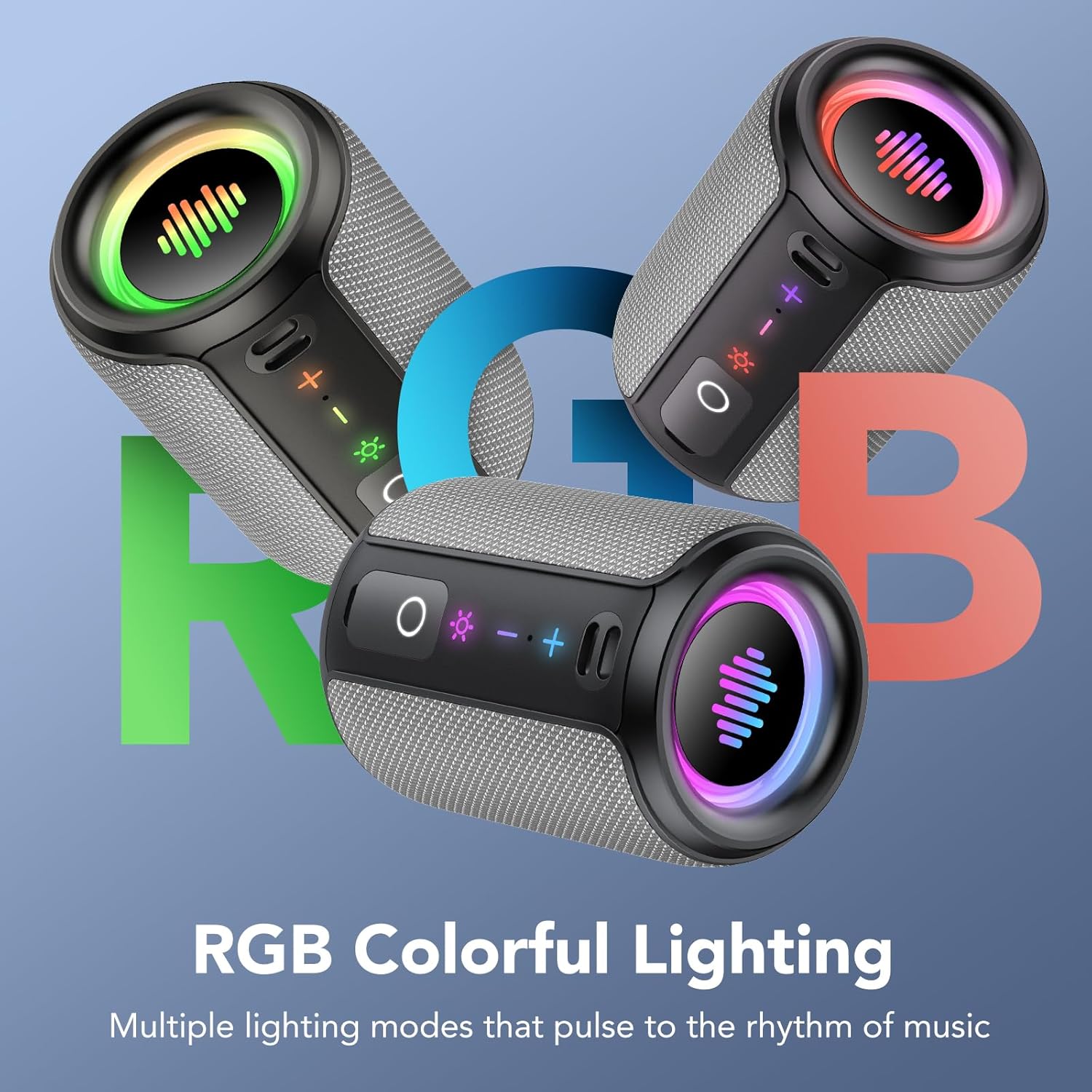 Portable Bluetooth Speaker with Lights, Bluetooth 5.4 Speaker, Powerful Crystal Clear Sound,All Day Playtime,15W Loud Stereo Sound, IPX7 Waterproof,TWS pairing for Outdoor/Home/Party/Travel,Gray