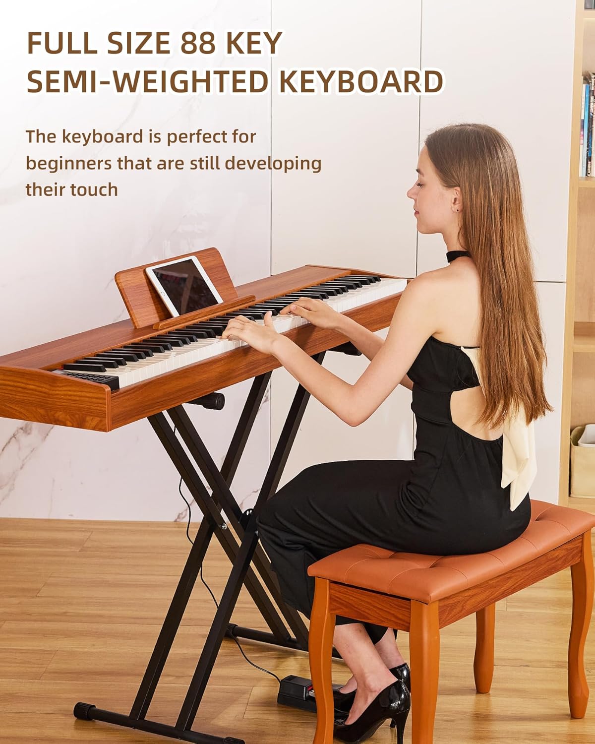 Digital Piano 88 key Semi Weighted Keyboard With X Stand & Sustain Pedal, Full-Size Beginner Electric Piano For Bluetooth, Headphone Mode, USB-MIDI