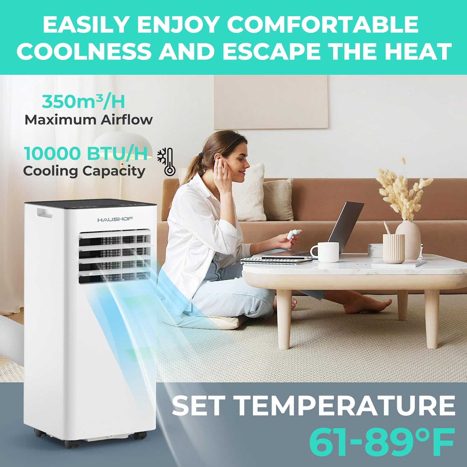 HAUSHOF 10,000 BTU Portable Air Conditioners for Rooms up to 430 Sq. Ft, 3-in-1 AC Unit with Cooling, Fan & Dehumidifier, Quiet Operation, Remote Control, 24H Timer, LED Display & Window Kit Included