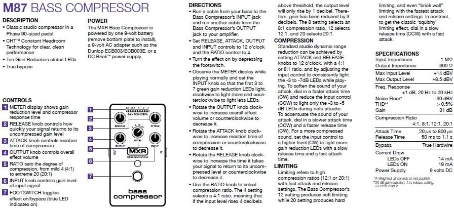 MXR M87 Bass Compressor Effects Pedal with Tonebird Deluxe 9V Power Supply, Patch & Instrument Cable, Multi-Tool Bundle