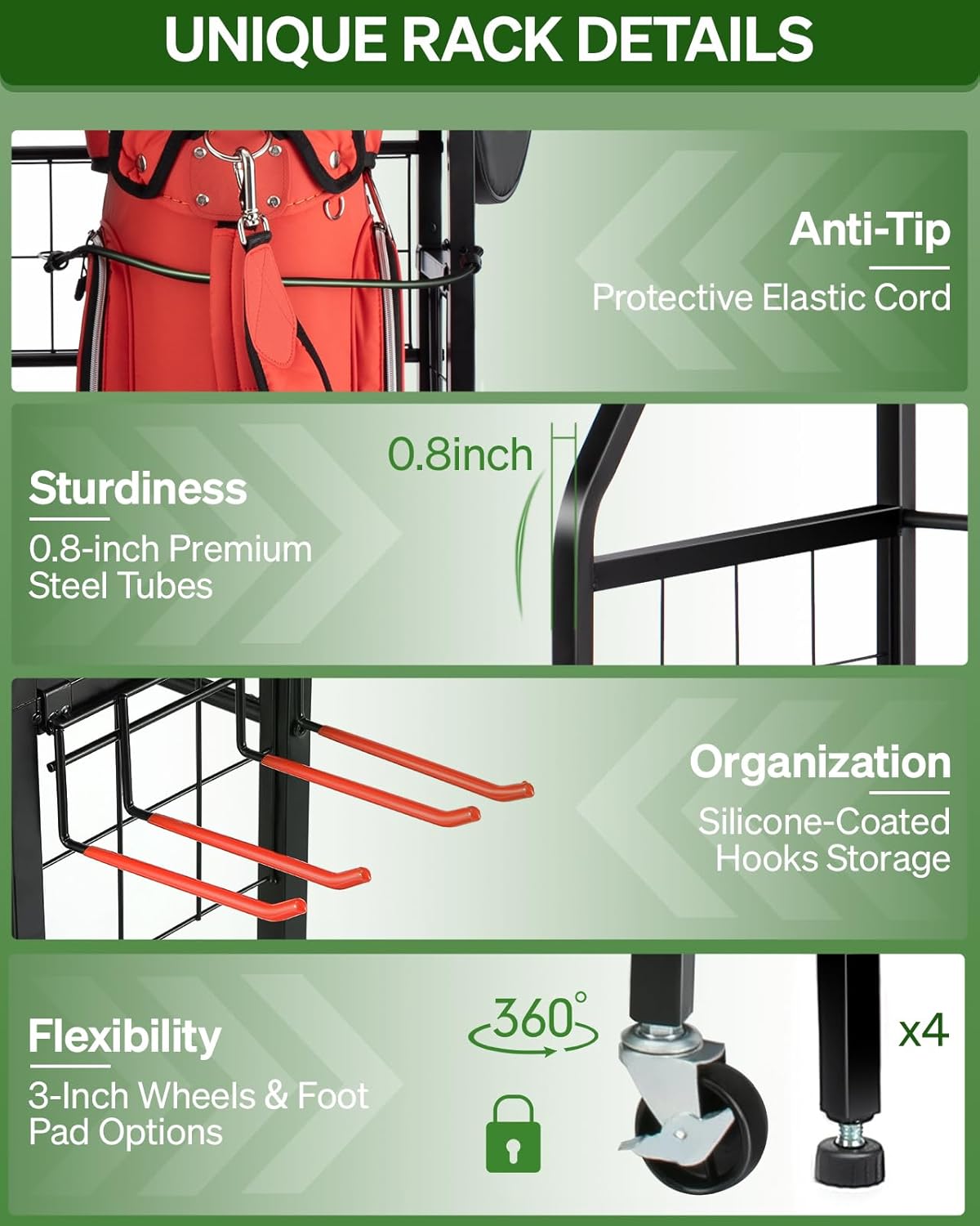 Golf Bag Storage Garage Organizer, 3 Golf Bag Stand and Sports Equipment Storage Rack for Garage with Wheels, 4 Hooks, Golf Accessories Storage Rack with Extra Golf Clubs Display Rack