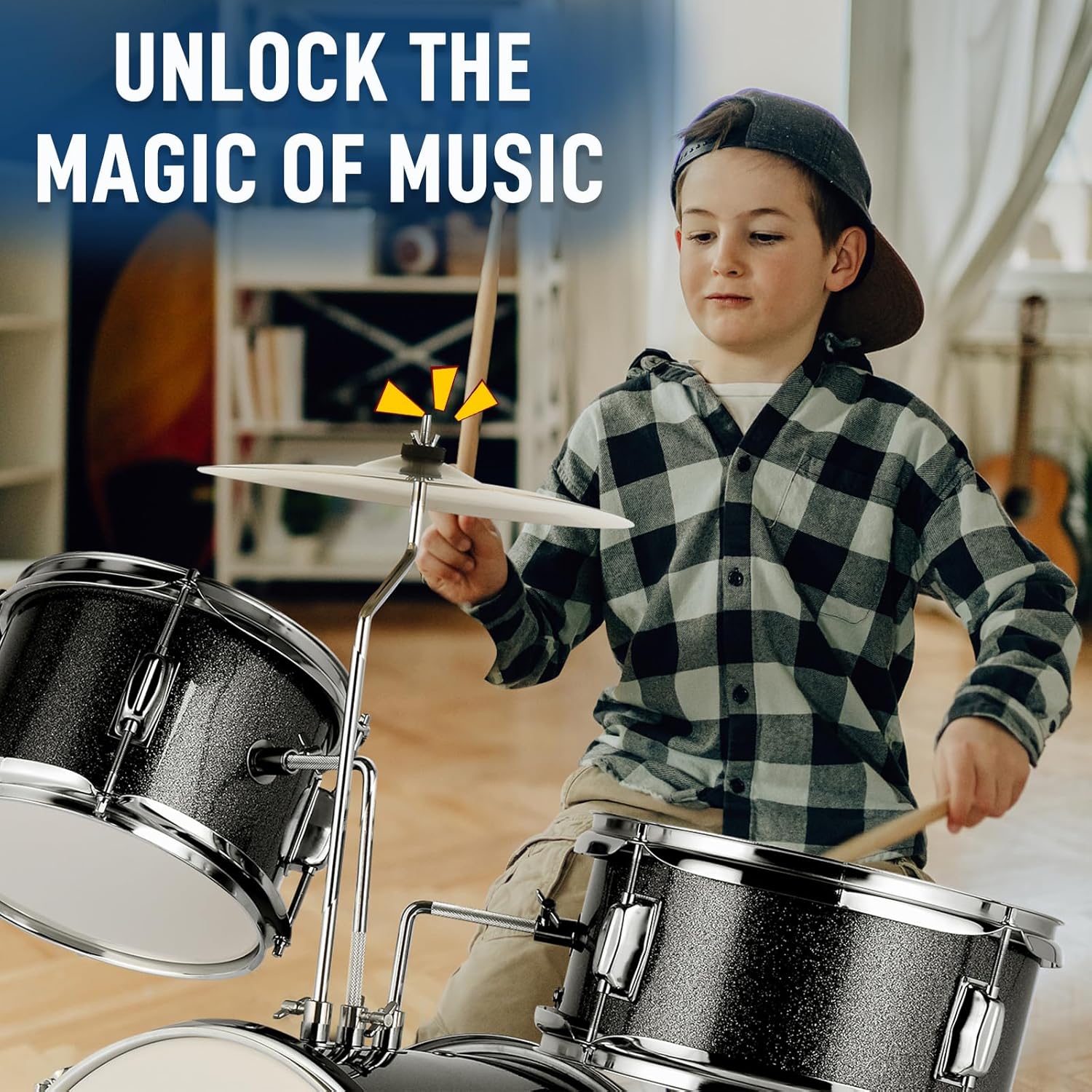 Ktaxon 3-Piece Drum Set, 14 Inch Beginners Drums Kit with Throne Stool, Pedal & 2 Pairs of Drumsticks, Junior Drums Set Musical Instruments W/Cymbal, Tom, and Snare Drum (Black)