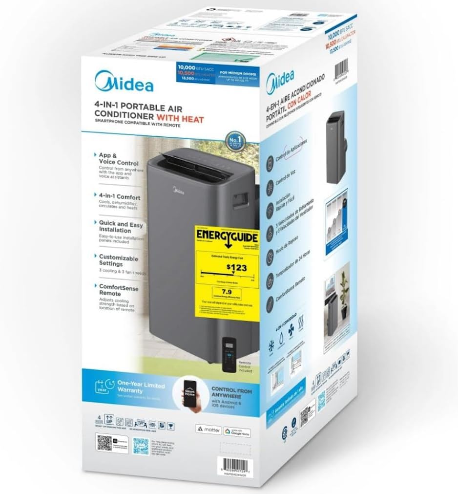 Midea 10,000 BTU DOE Smart Portable Air Conditioner with Heat, For Spaces up to 450 sq. ft., Alexa & Google Assistant Compatible, 24-hour Timer MAP10HS1XWGR-T