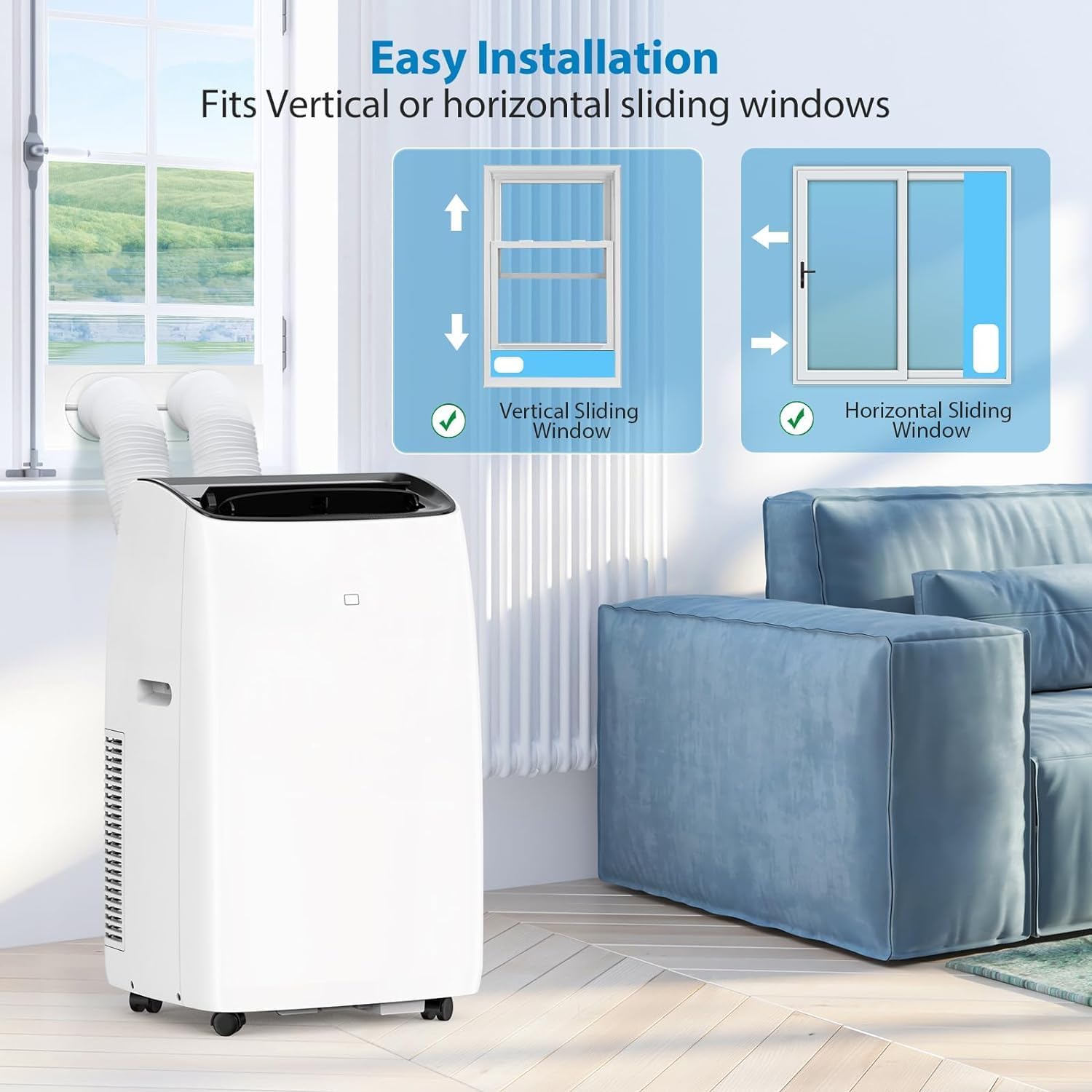 14000Btu Inverter Portable Air Conditioner, Dual Hose Portable Air Conditioner Cools & Heats up to 750 Sq Ft, Dehumidifier & Fan with Sleep Mode 42dB, 4-1 Standing AC Unit, Window Kit