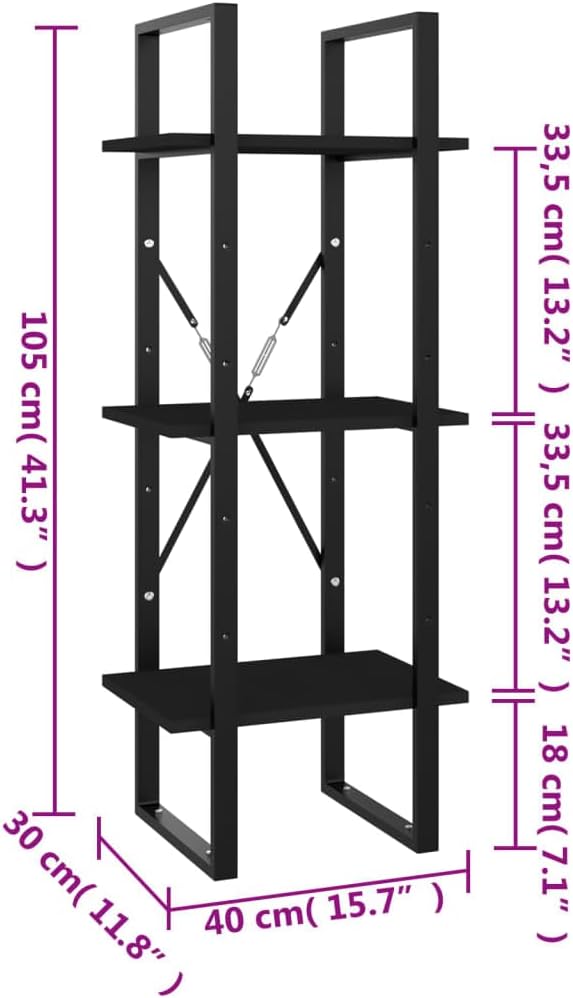 Black 3-Tier Bookcase 11.8