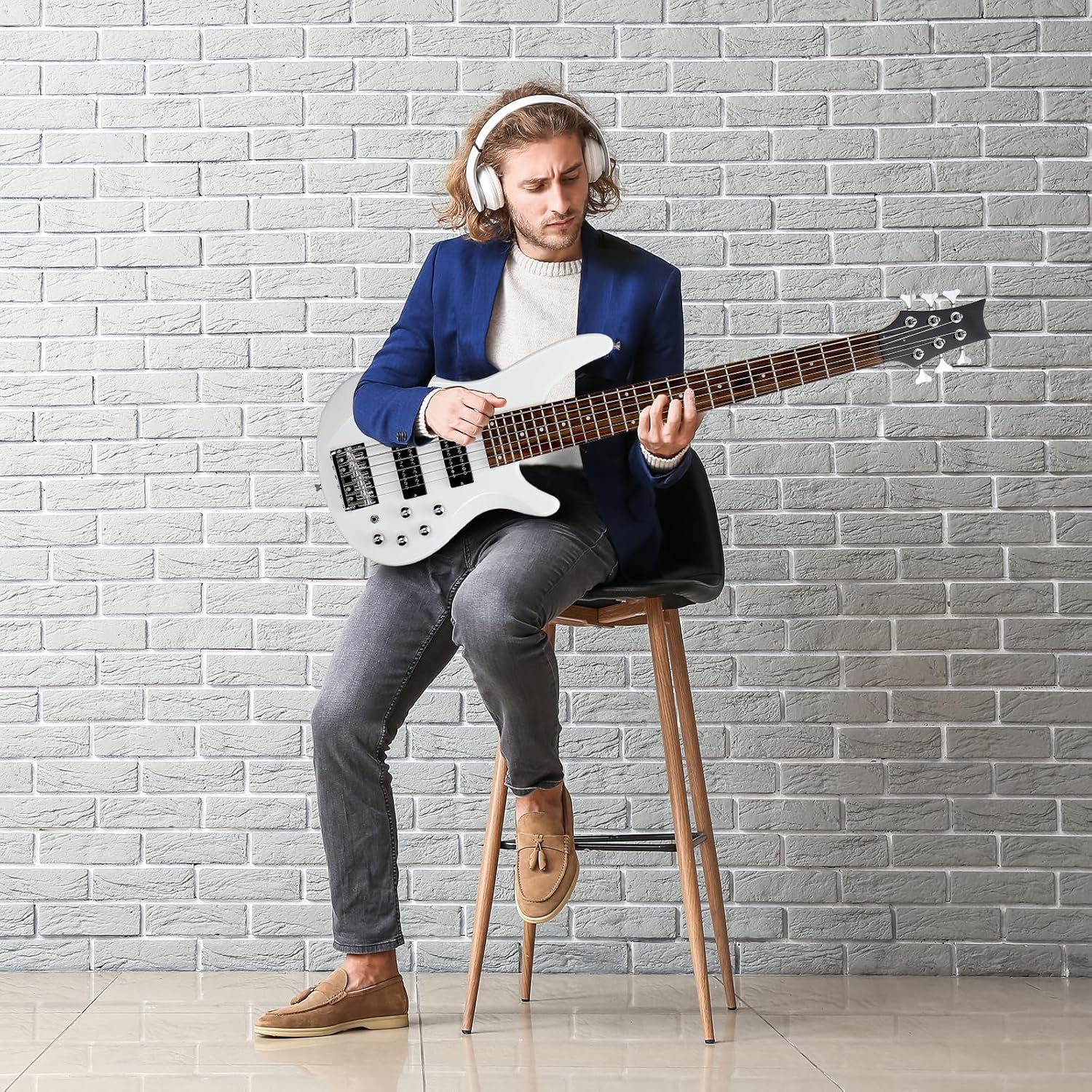 Ktaxon Bass Guitar 6 String Electric Bass Guitars, Beginner Bass Guitar with Professional H-H pickup, 3 Way Pickup Selector, Premium Cable, Unique Body Design for Beginner (Upgraded White)