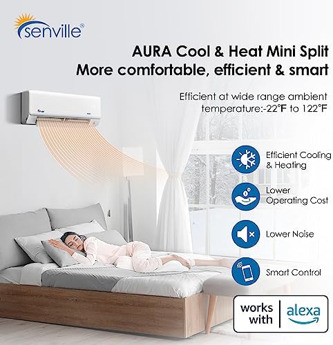 Senville AURA Series Mini Split Air Conditioner Inverter Heat Pump, 9000 BTU, Works with Alexa, Energy Star, White