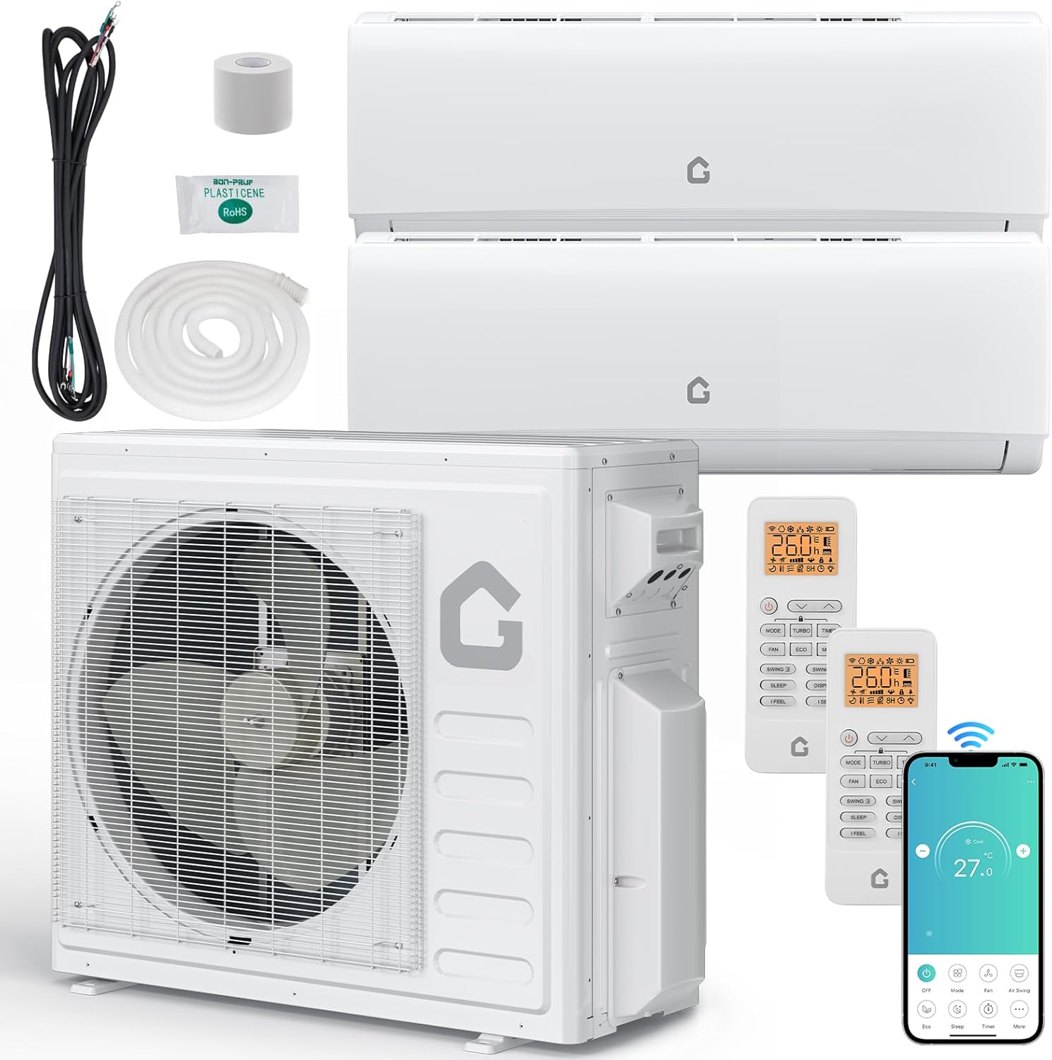 Garvee 28K BTU Dual Zone Mini Split AC/Heating System, 20 SEER2 12000 + 18000 BTU Wifi Ductless 2 Zone Wall Mounted Mini Split Air Conditioner, No Copper Tube Line Set Included-208-230V
