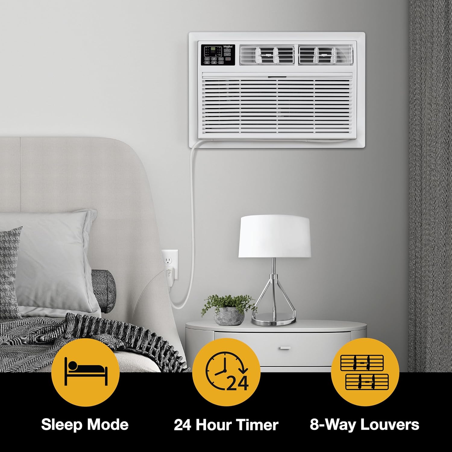 Whirlpool 12,000 BTU 230V Through-the-Wall Air Conditioner with Supplemental Heat, Dehumidifier and Remote, Wall AC Unit for Apartment, Living Room and Medium Rooms up to 550 Square Feet in White