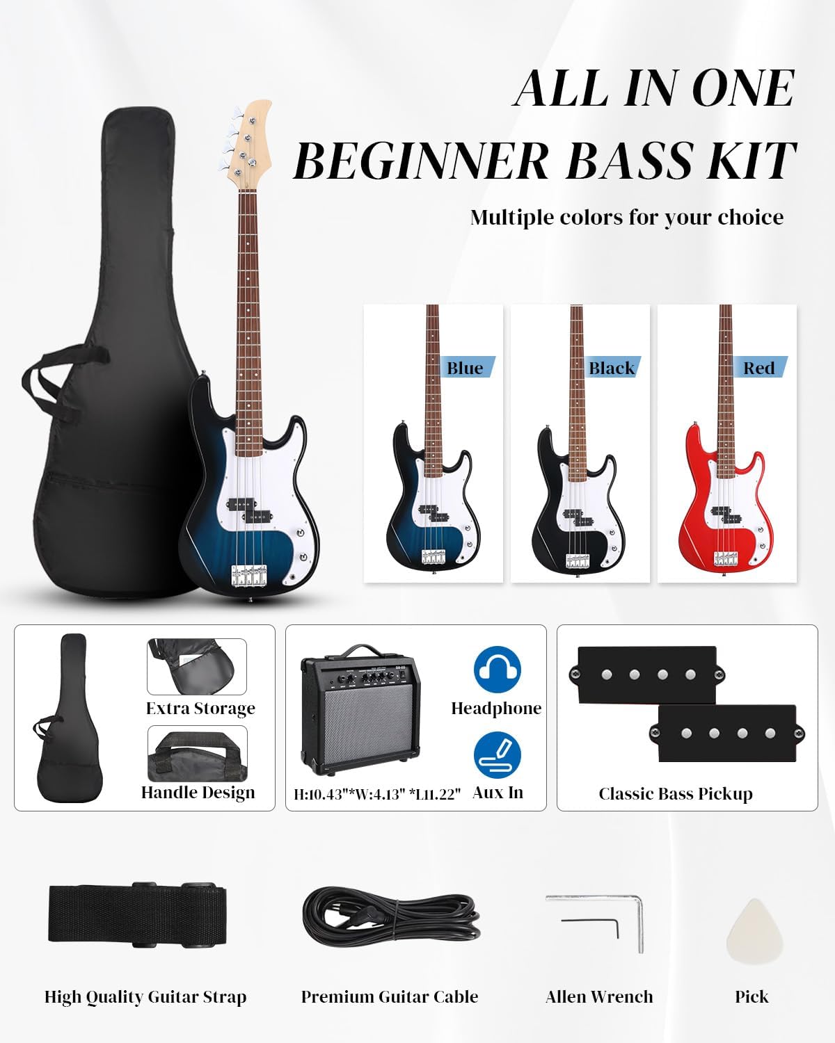 Ktaxon Electric Guitar 4 String Bass Guitar Kit with Paulownia Body, Solid Rosewood Fingerboard & Split Single-coil Pickups Includes 20W Amp, Cable, Strap, Pick and Wrench(Blue)