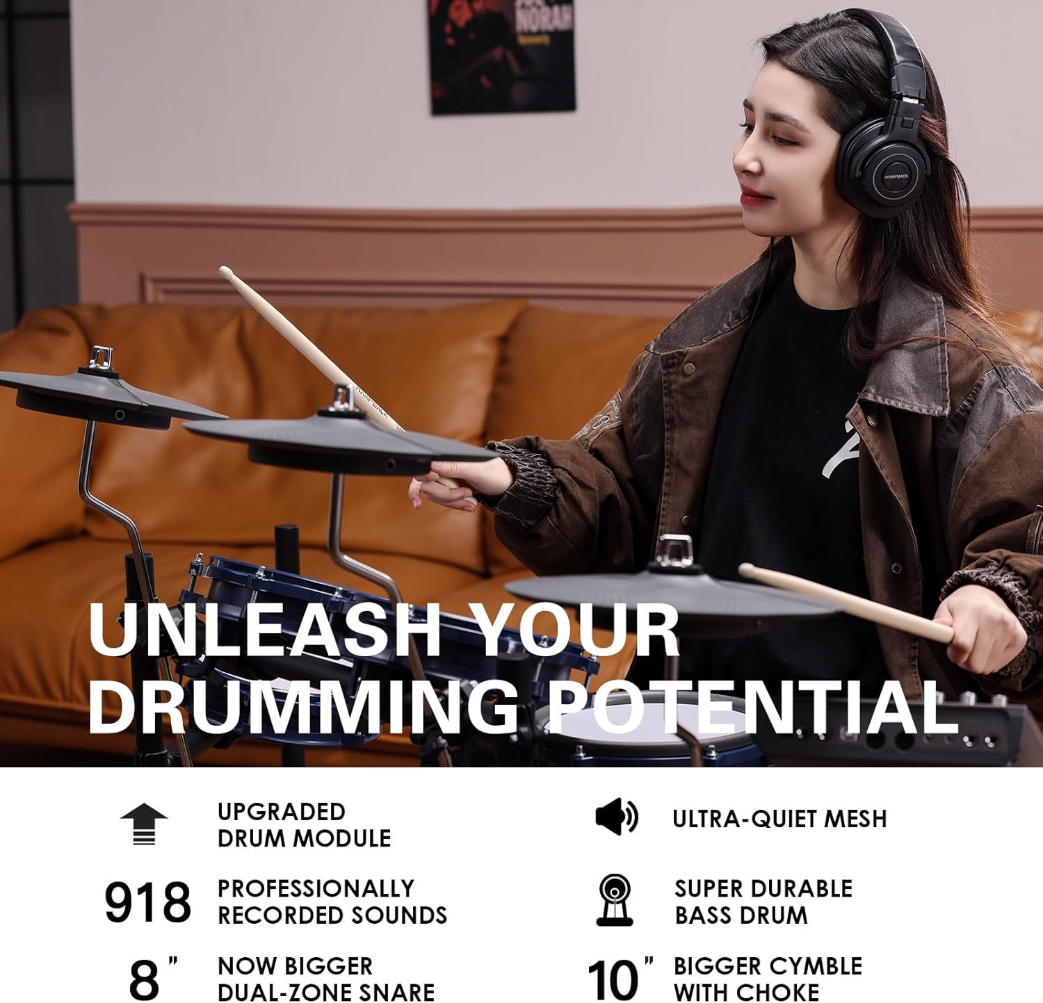 ACE-307 Electric Drum Sets for Beginner with Quite Mesh Pads, 2 Cymbals w/Choke, 52+20 Drum Kits and 918 Sounds, USB MIDI, Recording Function(5 Pads, 3 Cymbals)