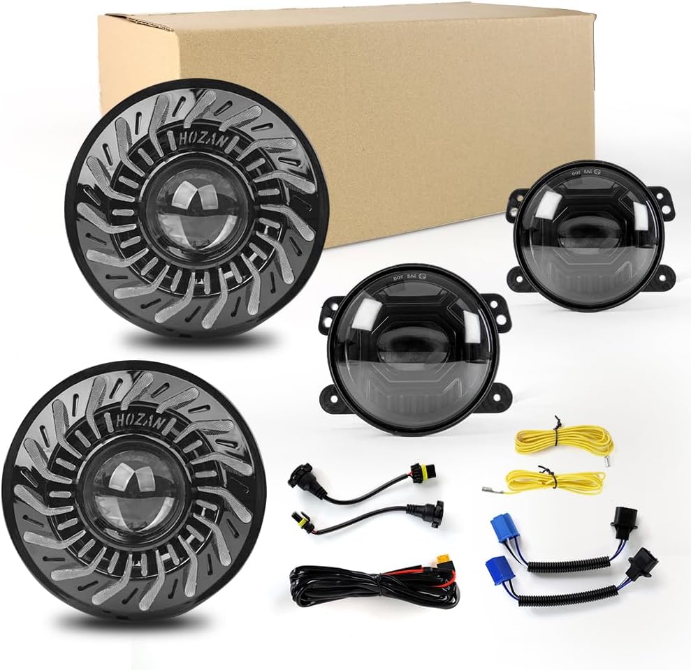 7-inch turbo dynamic circular headlights and 4-inch angel eye new fog lights combination, suitable for Jeep Wrangler JK JKU LJ CJ TJ 1997-2018 JKU and other car models Accessories