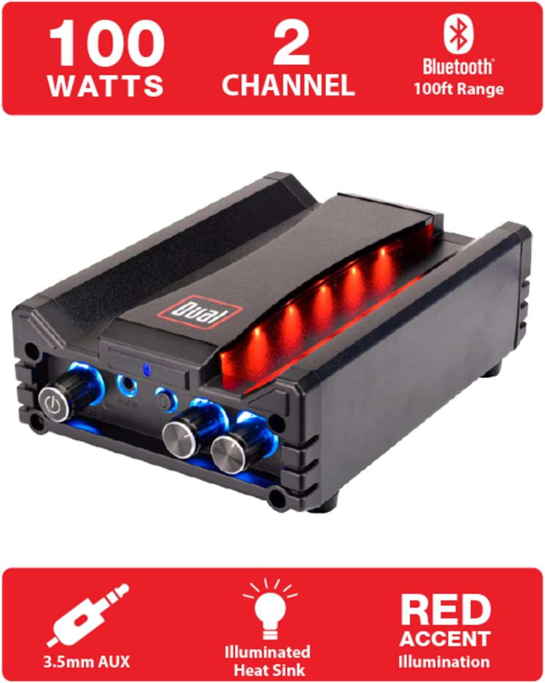 Dual Electronics DBTMA100 Black Micro 2 Channel Class-D Amplifier | 3.5 mm AUX Input | Stereo RCA Outputs | 100 Watts Peak Power | Up to 100ft of Wireless Bluetooth Range