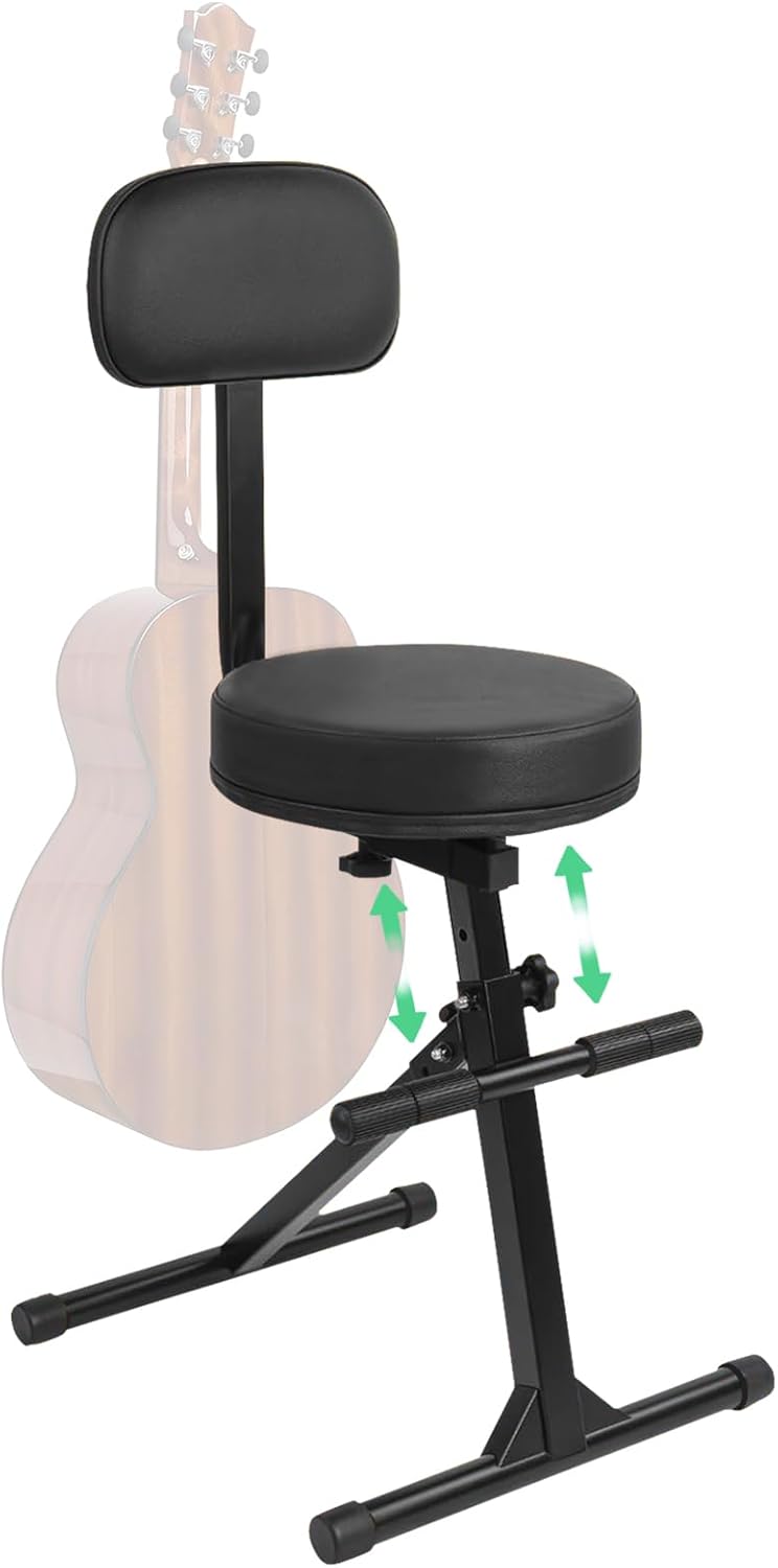 Guitar Stool with Back Support, Height Adjustable Professional Seat with Hanger, Musician Stool Guitarist Throne Guitar Chair, Black
