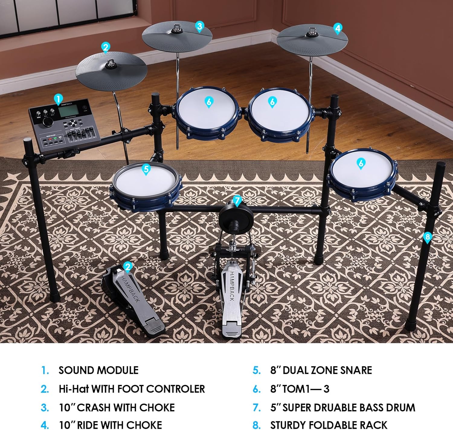 ACE-307 Electric Drum Sets for Beginner with Quite Mesh Pads, 2 Cymbals w/Choke, 52+20 Drum Kits and 918 Sounds, USB MIDI, Recording Function(5 Pads, 3 Cymbals)