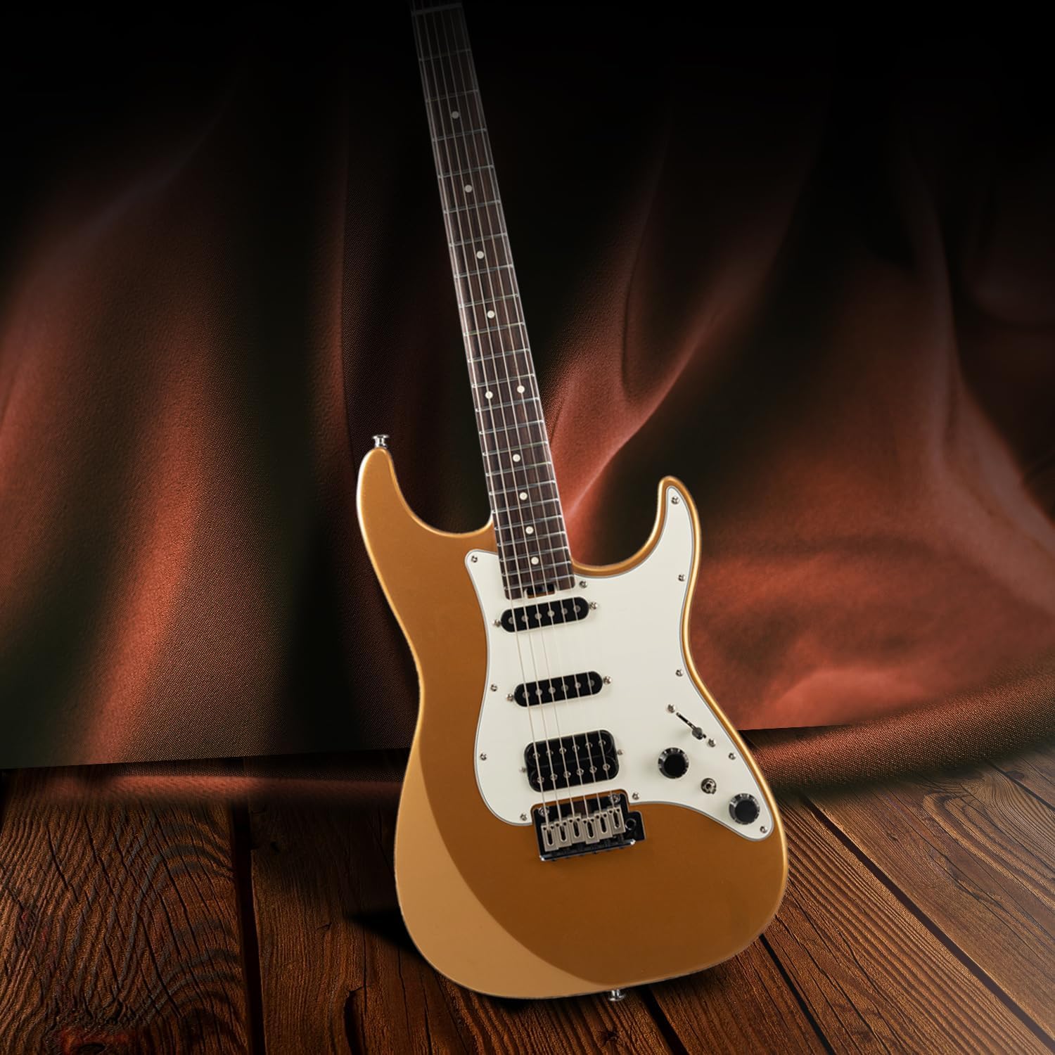 EART Electric Guitar DMX-9, 6 String Tremolo Bridge, Humbucker Pickups, Solid Body, 5-Way Switch Guitars (Gold)