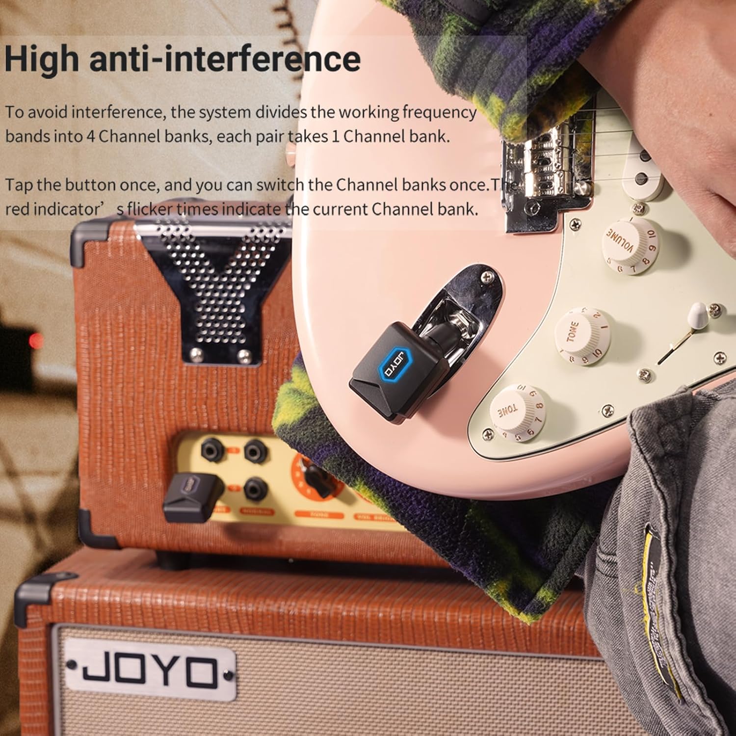 JOYO 5.8GHz Wireless Guitar System with Charging Box (JW-06) and 5W Mini Guitar Amplifier (JA-02 II)