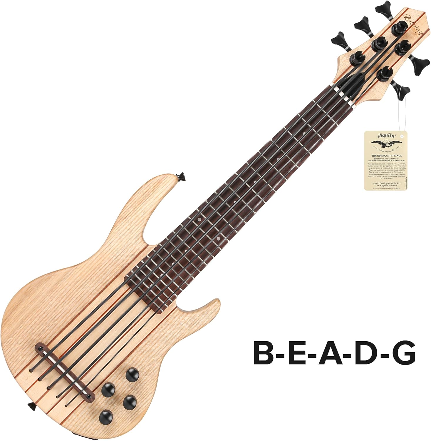 Batking Electric Ukulele Bass, 5 String UBass Fretted, Through Neck Electric Uku bass with Gig bag (Natural Color)