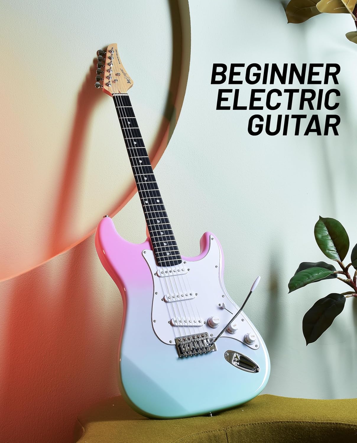 Leo Jaymz Beginner Electric Guitar Complete Kit with Portable Amp, Padded Gig Bag & Full Accessories, Maple Neck SSS Pickups(Pink-Cyan Fade)