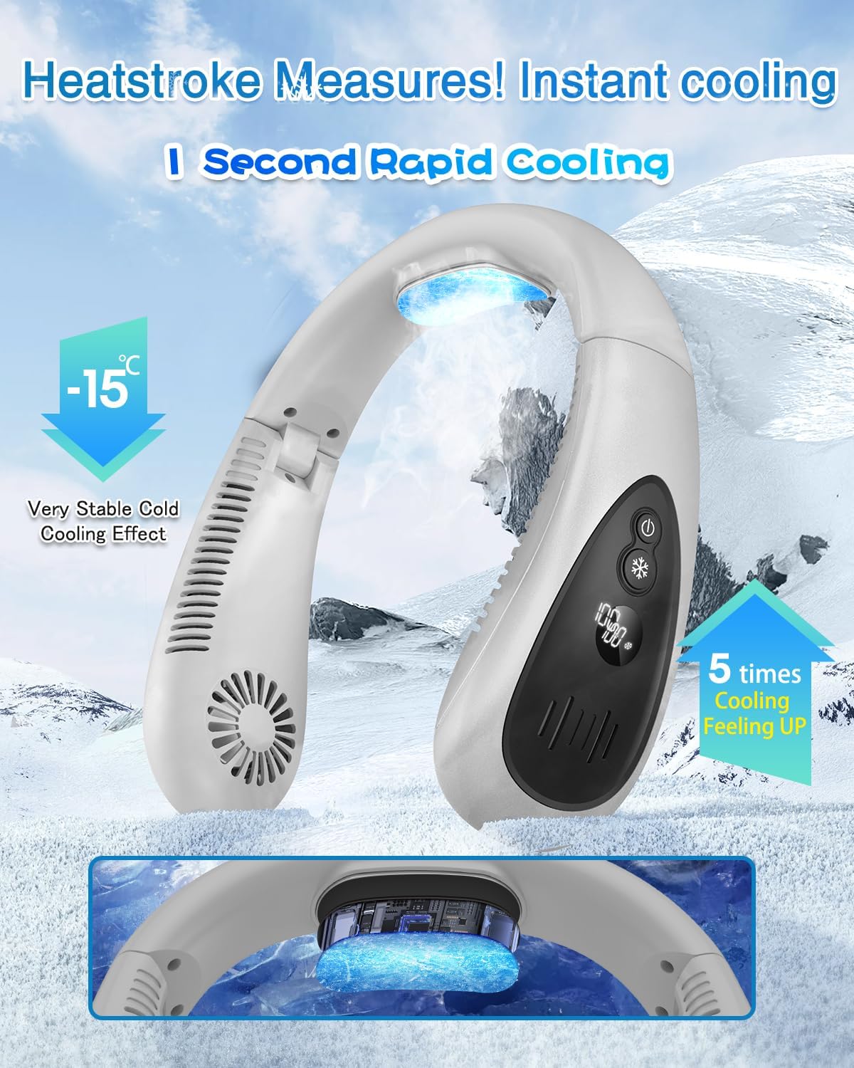 Neck Air Conditioner, 5000mAh Portable Neck Fan, Bladeless USB Neck Fan with Semiconductor Cooling Airflow, Portable Rechargeable, 3 Speeds, LED Display, Personal Fan for Outdoor Travel