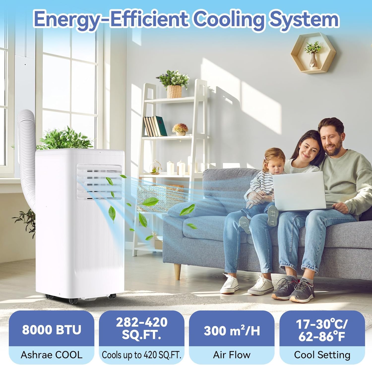 IDEALHOUSE Portable Air Conditioner with Cooling, Dehumidifier and Fan Functions, 10000 BTU Standing Cooling, Cools Up to 560 Sq. Ft., Remote Control, LED Display and Window Venting Kit Included