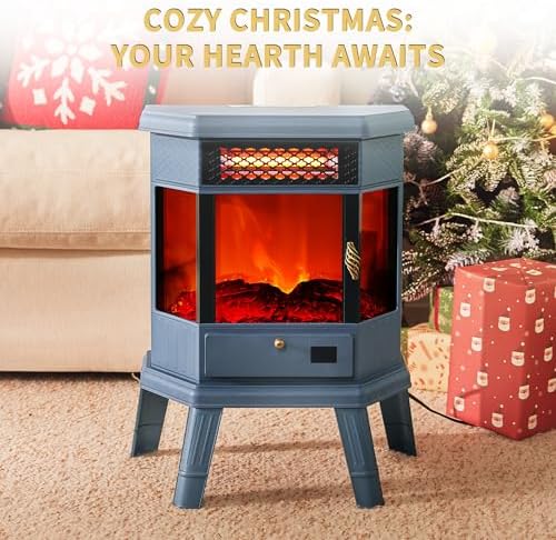 RealSmart Electric Fireplace Heater 22 in Freestanding Fireplace Stove Infrared Fireplace with 3D Flame Effect Remoted Control, Timer, Overheating Protection (Blue)