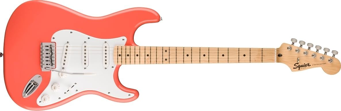 Squier by Fender Limited Edition Sonic® Stratocaster® Electric Guitar, Maple Fingerboard, White Pickguard, Tahitian Coral