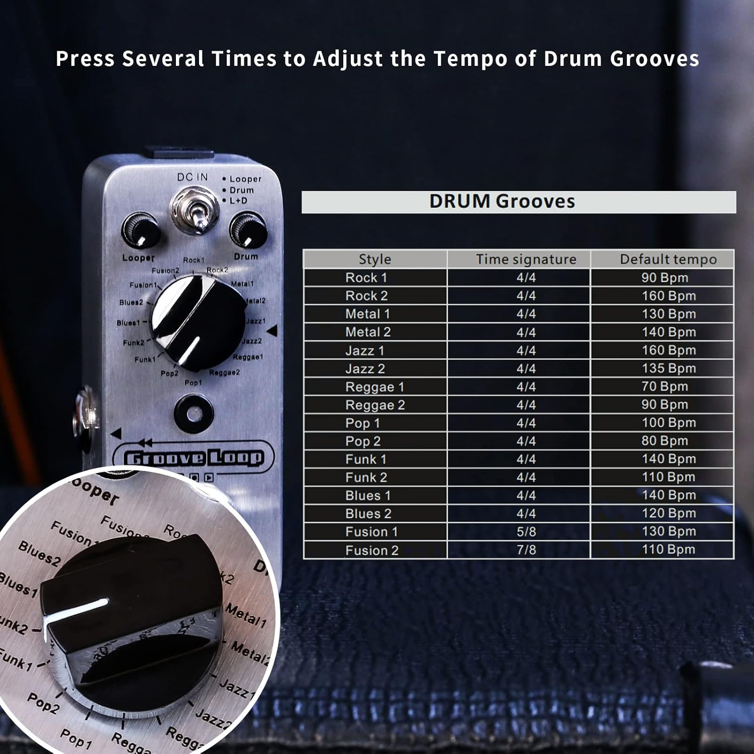 MOOER Groove Loop drum machine with 20 minute finder, 16 different drum grooves, 3 modes, play tempo for loop, record, practice with micro loop drum pedal, mini guitar jamming tool
