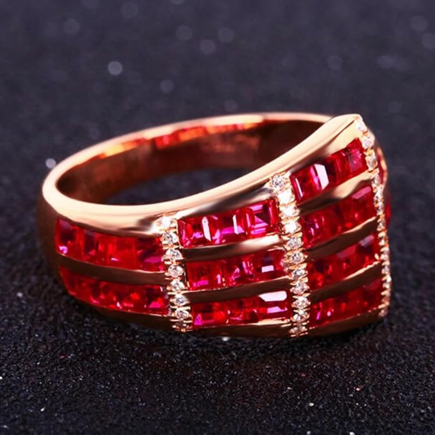 18K Yellow Gold Ring for Women, Wedding Bands Unique Lab Created Ruby Drill Row Yellow Gold Ring with Moissanite for Mother