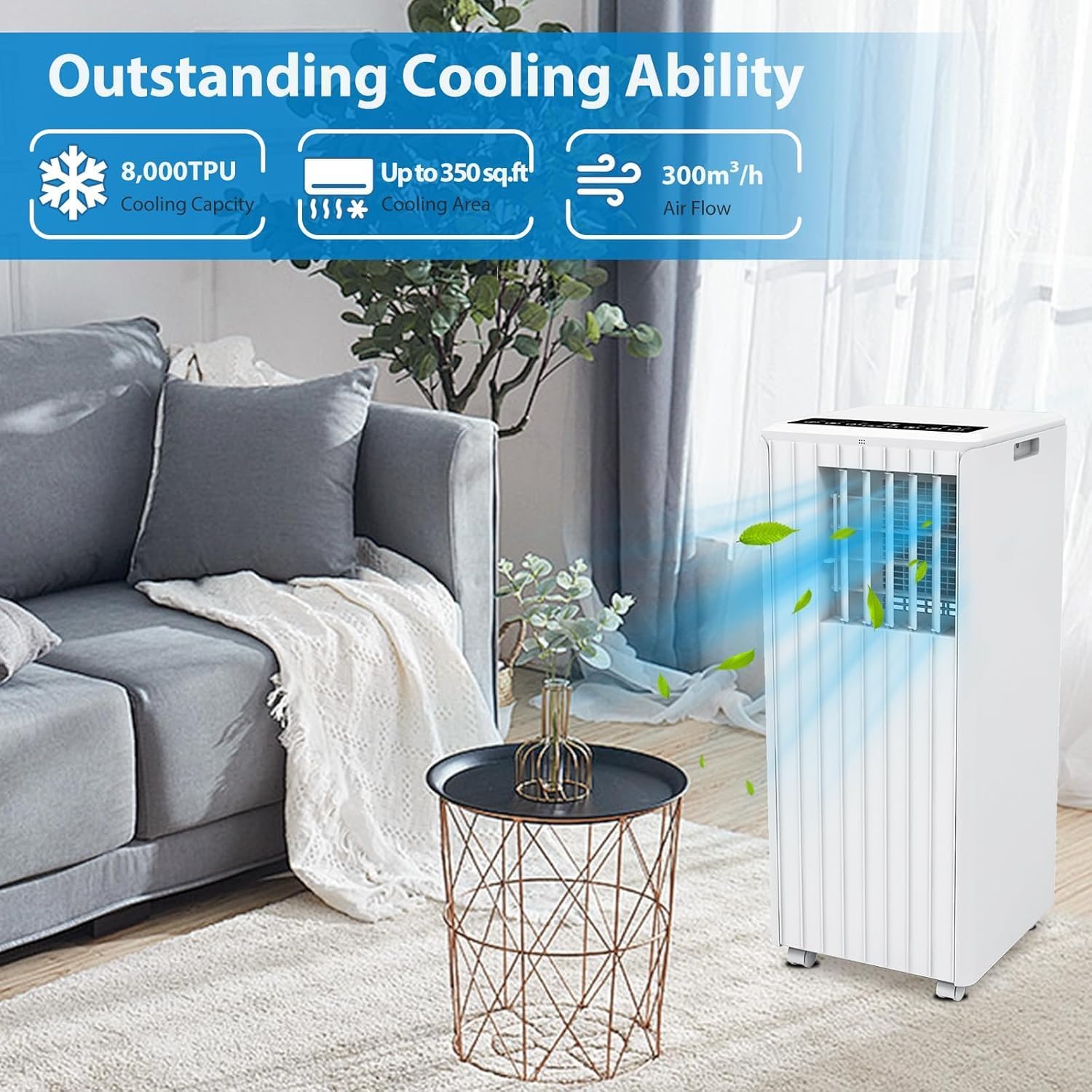 8000 BTU Portable Air Conditioner, 3-In-1 Cool, Fan, Dehumidify Modes, Cools up to 350 sq.ft, Quiet AC Unit with LED Display, with Remote Control, Window Installation Kit, 24 Hour Timer for Room, Dorm