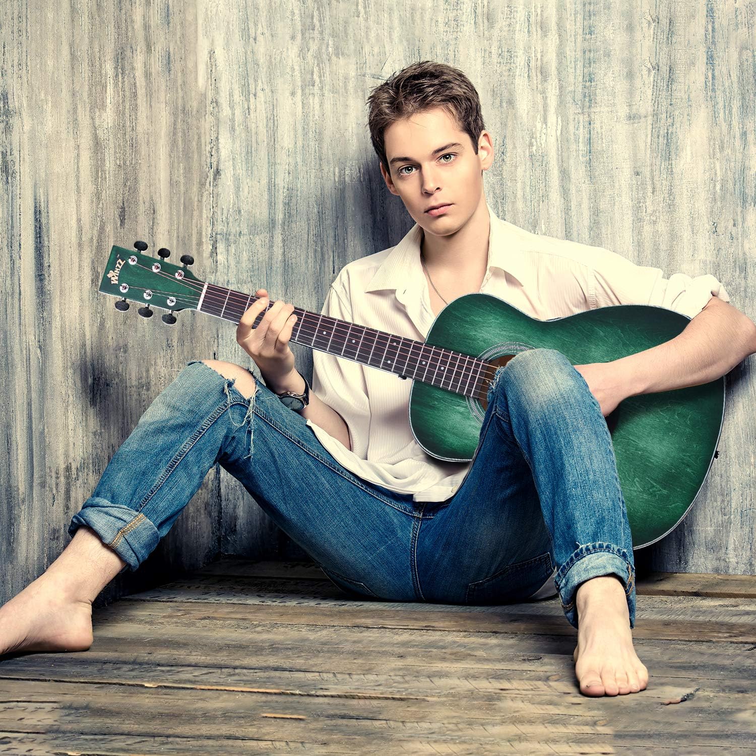 WINZZ HAND RUBBED Series - Left Handed 36 Inches 3/4 Acoustic Acustica Guitar Travel Bundle with Bag, Metronome Tuner, Wall-mounted Hanger, Strap, Picks & Cleaning Cloth, Dark Hunter Green