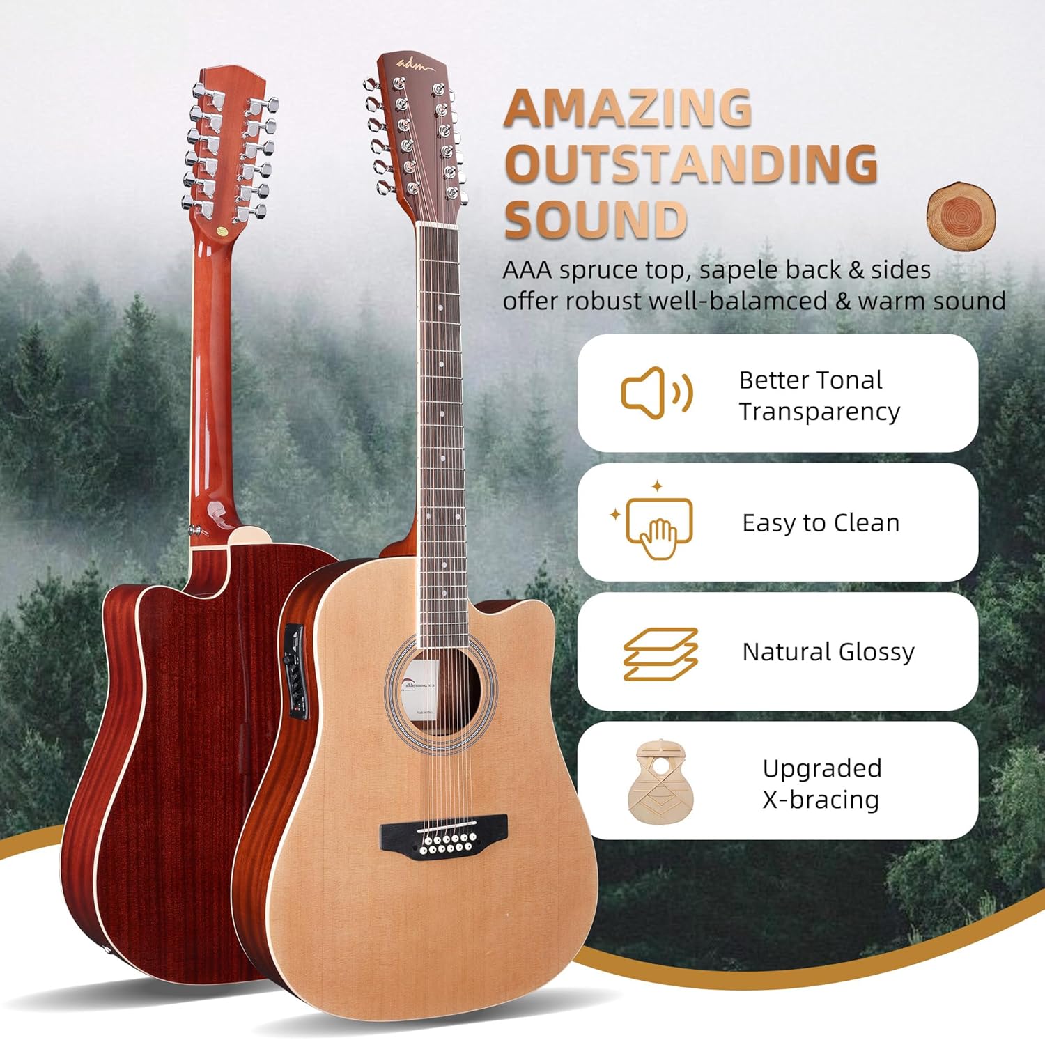 ADM Advanced 12 String Acoustic Electric Guitar, Full Size 42