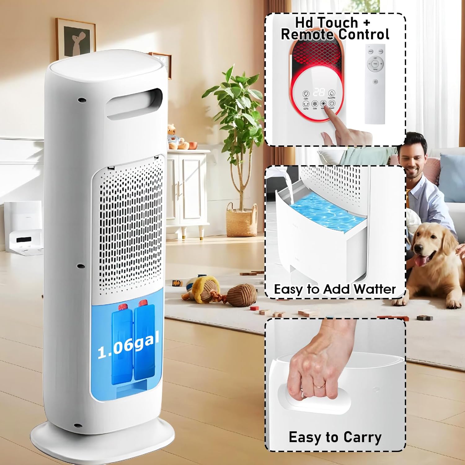 Tower Fan and Heater Combo with Humidification, 32inch Bladeless Fan and Heater with Remote Control, Touch, 180° Oscillating, 2 Speed Heating, 3 Speed Cooling, 9H Timer Tip-over & Overheat Protection
