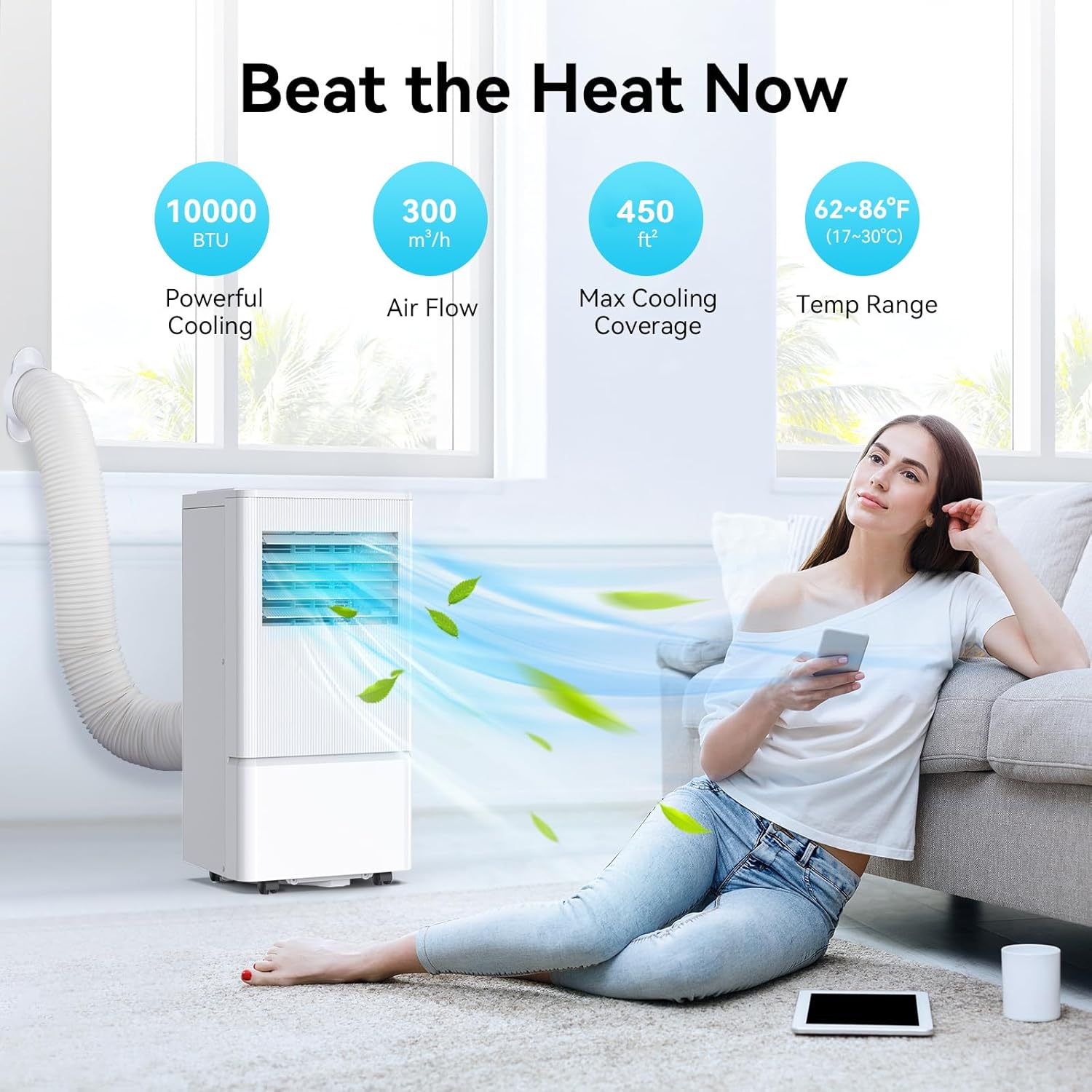 Air Choice Portable Air Conditioner, 10000 BTU Air Conditioner Portable for Room Up to 450 Sq.Ft, Remote Control, 24H Timer, Air Cooling Unit 3-in-1 as Cooler Dehumidifier Fan, Window Kit Included