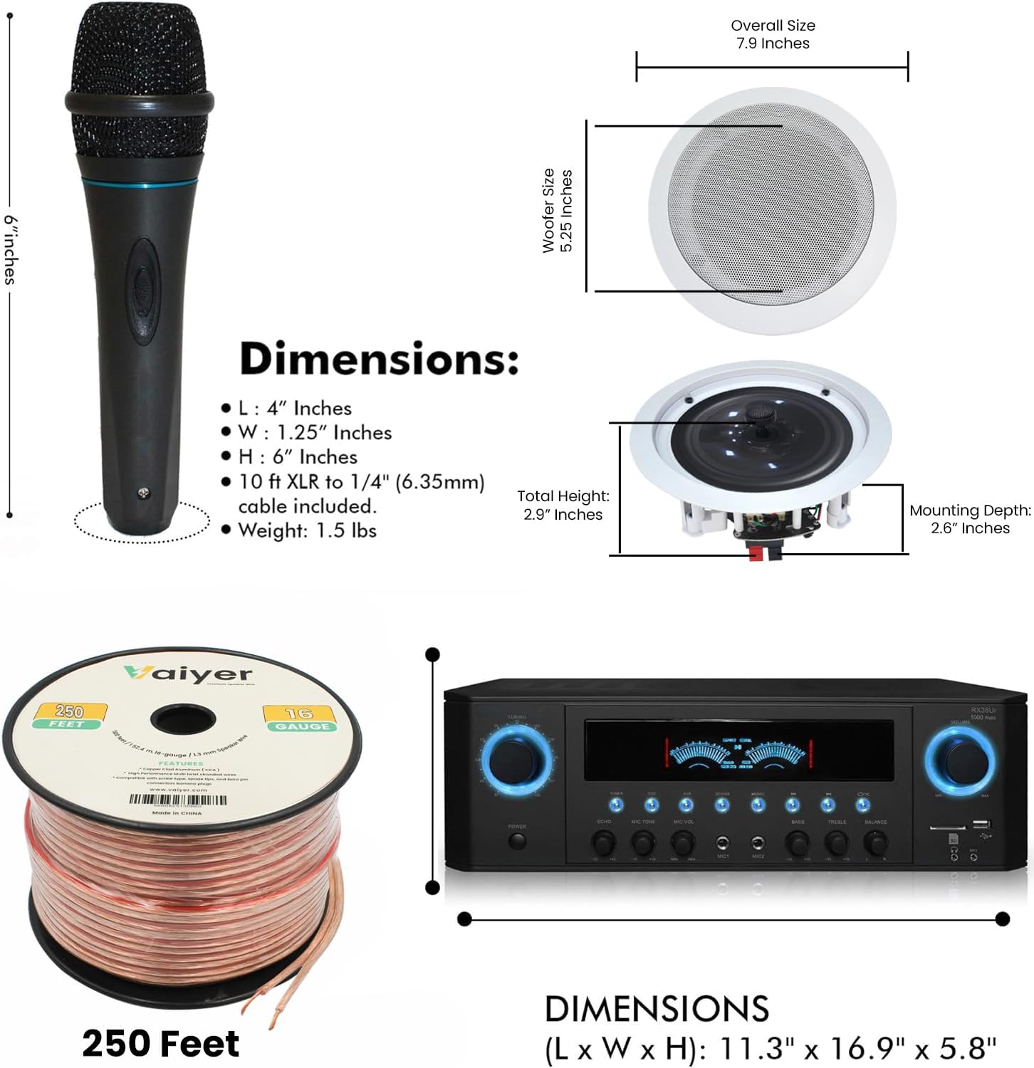 Home Theater System Kit 1000 Watts Amplifier w/USB, SD Card Inputs, (Qty 6) 5.25