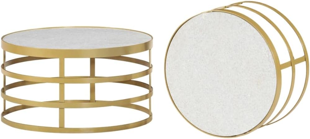 2 Piece Coffee Table Set Marble Brass and White, End Tables, Living Table, Center Tables for Living Room, Living Room Furniture for Office, Lounge, Cafe, Study, Bedroom