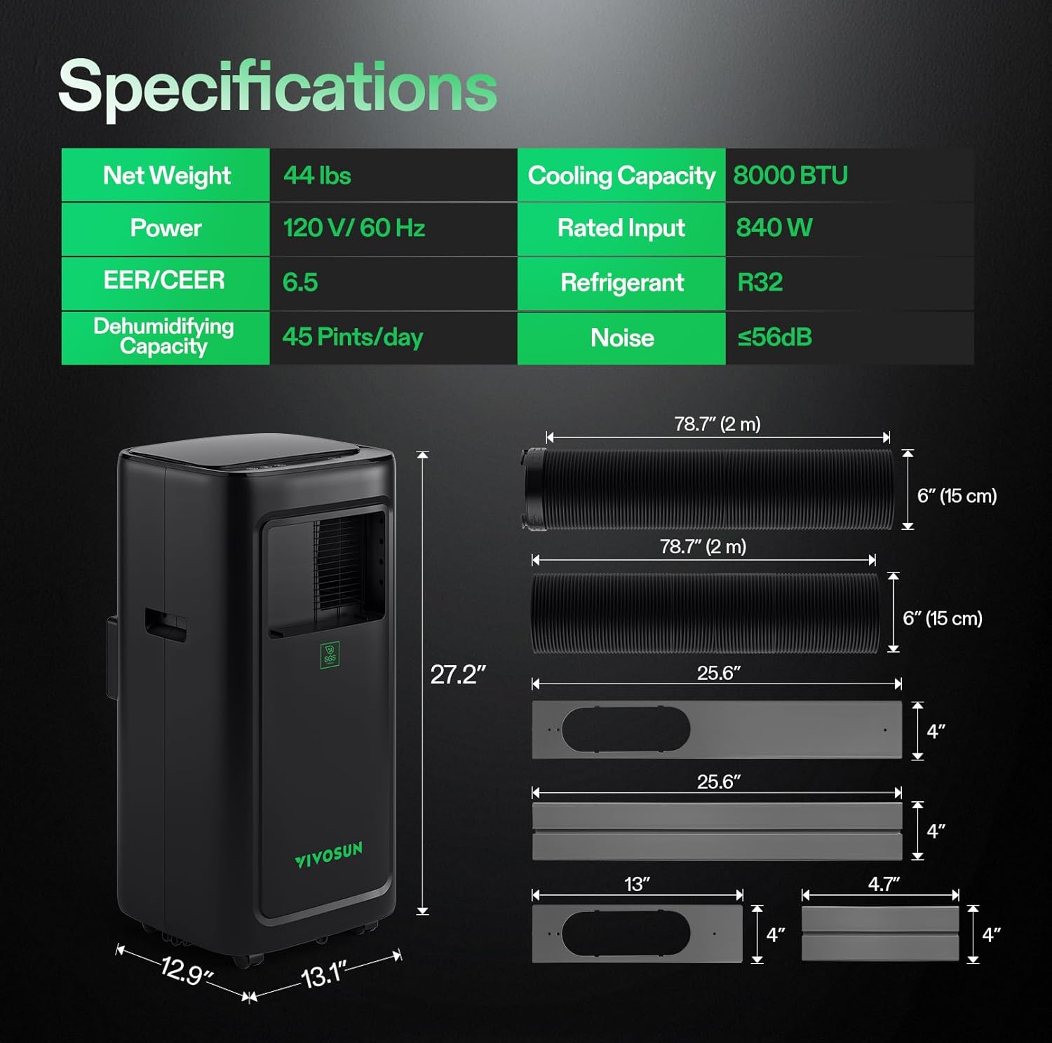 VIVOSUN AeroLush C08 Smart Air Conditioner, 8000BTU, 4-in-1 Function, with Temperature & Humidity Sensor Probe, Smart Remote Control, Designed for Growing Environments