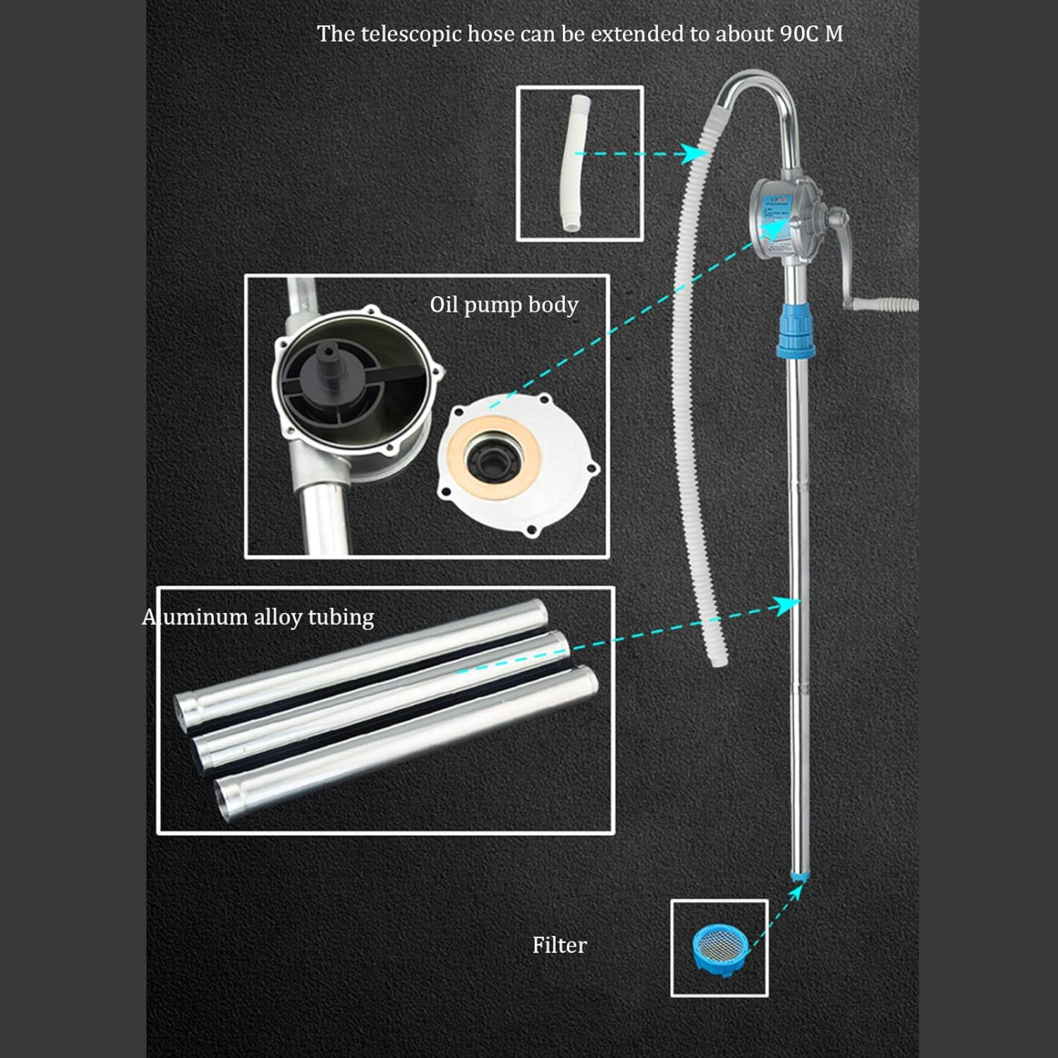Hand Tool Hand Crank Oil Pump, Aluminum Alloy Oil Absorber, Oil Drum Pump, Good Sealing Performance, Heavy-Duty Rotary Drum Pump, Manual Liquid conveying Drum Pump, Chemical Resistance