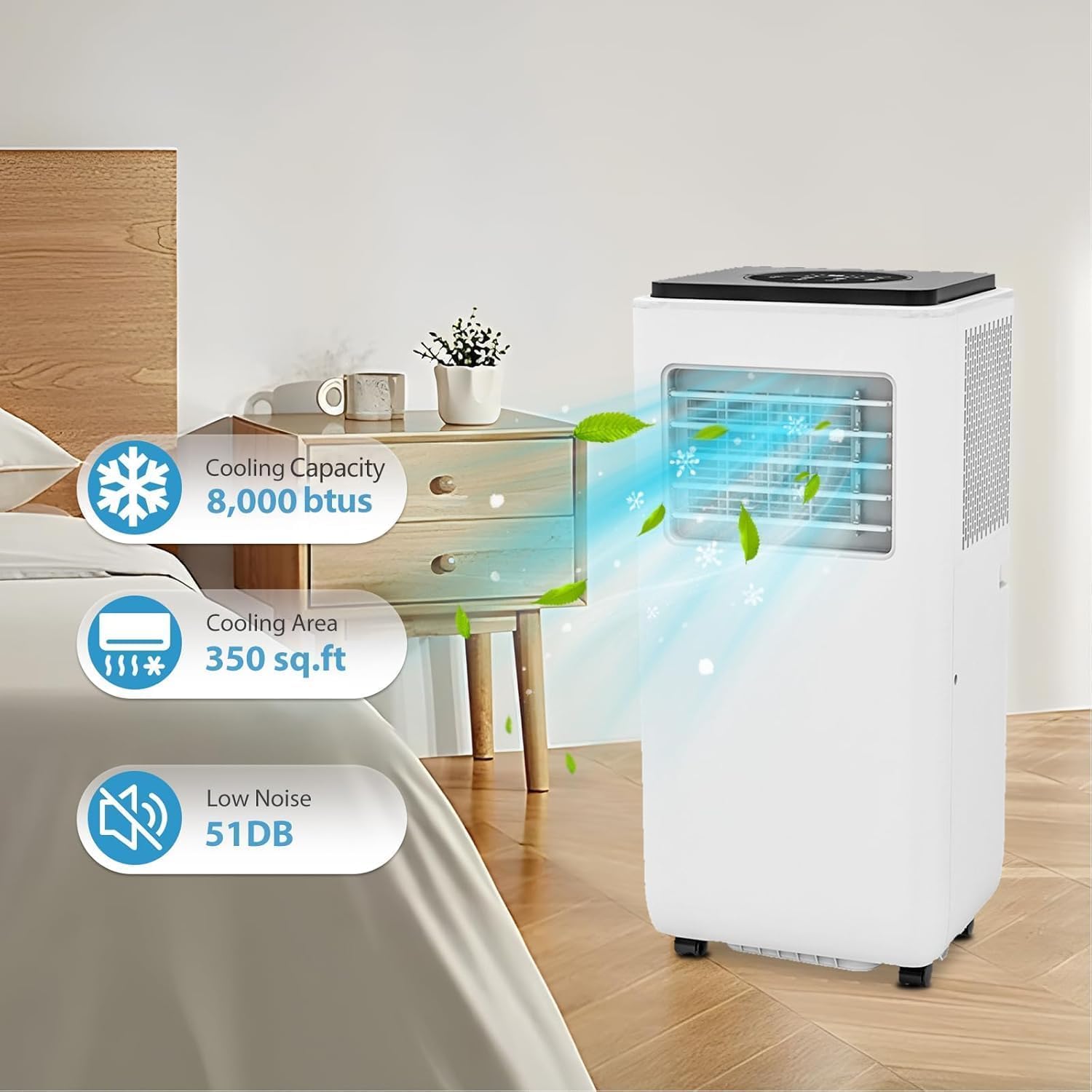 Portable Air Conditioners, 8000 BTU Portable AC with Cooling, Fan, and Dehumidifier Functions, Features 24-Hour Timer and Remote Control, Cools up to 350 Sq. Ft., Perfect for Bedrooms and Offices