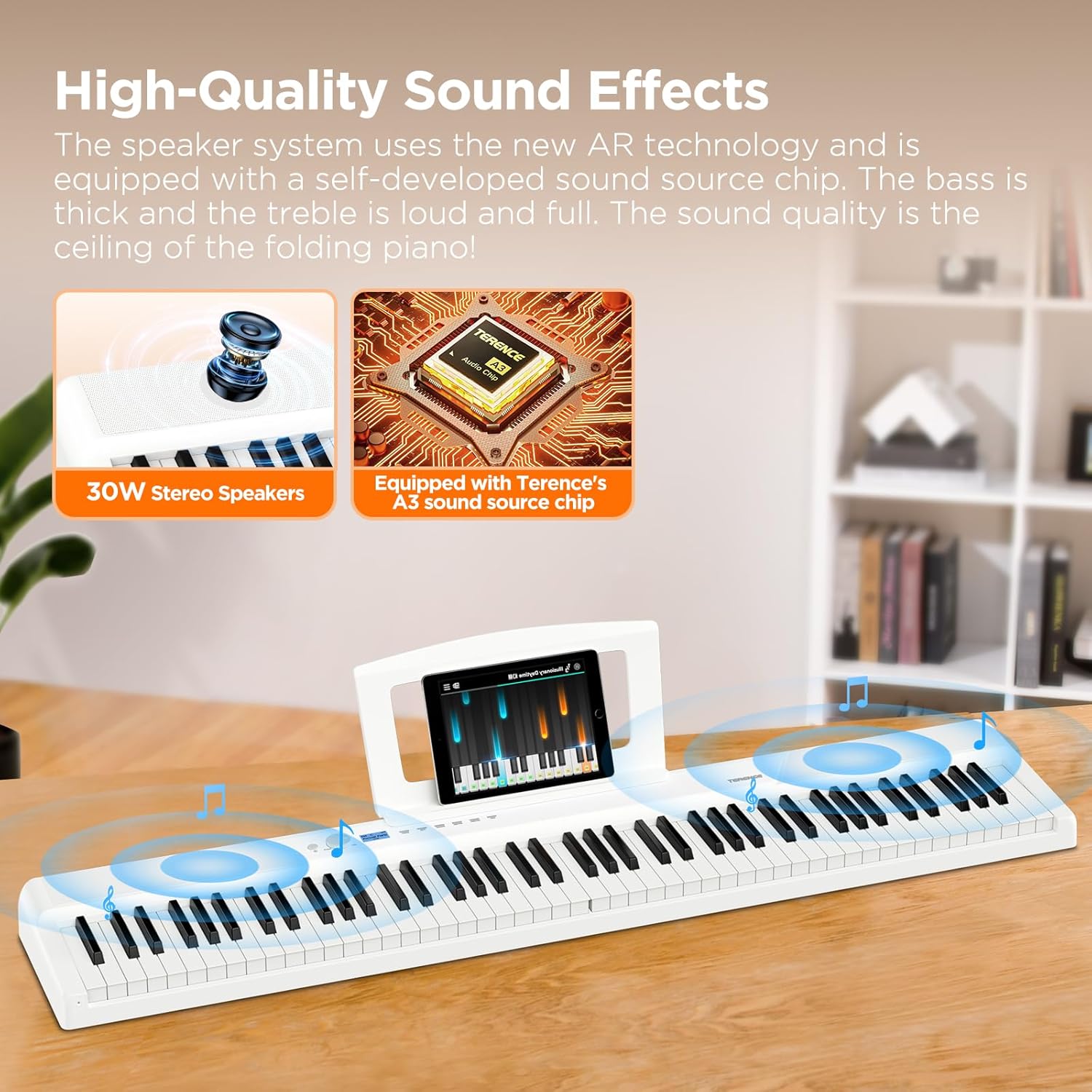 TERENCE Piano Keyboard 88 Key Weighted Key Digital Piano 30W Speaker Bluetooth MIDI Touch Sensitive Panel Portable Keyboard Piano for Beginners Adults Practice Gift for Christmas birthdays V50 White