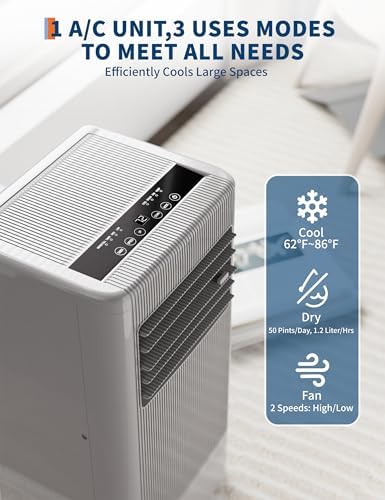 8,000 BTU Portable Air Conditioner, 3-in-1 Portable AC Units for Rooms with Cool/Dry/Fan Modes, Fast Cooling Up to 350 Sq. Ft, Drainage-free Cooling, 50 dB Quiet Sleep Mode, Black&Grey Cover