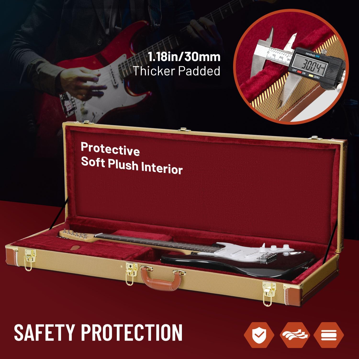 CAHAYA Guitar Case Electric Hardshell: 0.98inch Thick Padding Only for ST Electric Guitars Hardshell Wood Guitar Gig Case with Padded Comfortable Handle and 2 Keys Yellow CY00365-1