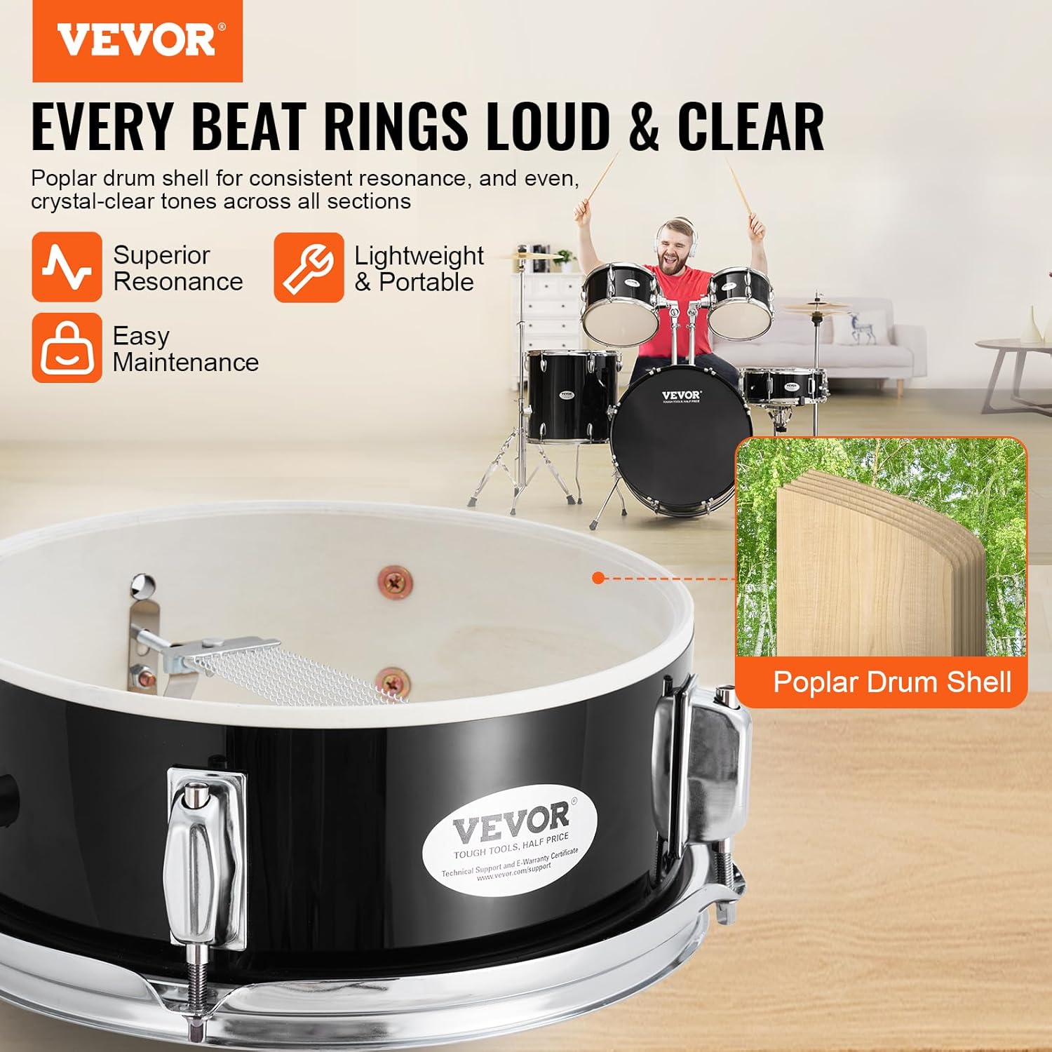 VEVOR Adult 5-Piece Drum Set, 22 Inches Complete Full Size Kit with Bass, Toms, Snare, Floor, Adjustable Throne, Stands, Cymbal, Hi-Hat Pedal and Drumsticks, Black