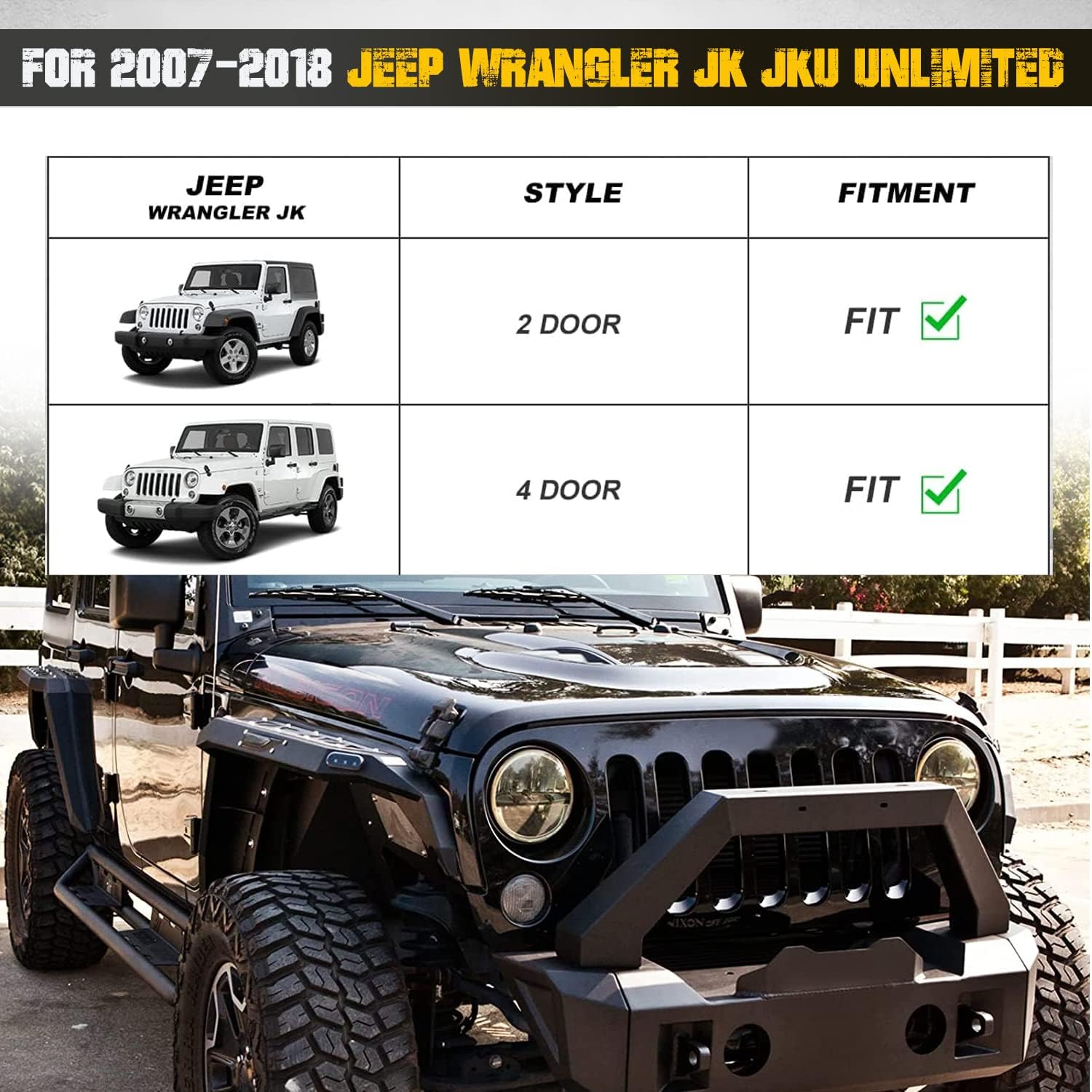 Fender Flares For Jeep 2007-2018 Wrangler JK JKU 2/4-Doors, Hawkley Offroad Steel Fender Flares with LED DRL Light & Sequential Turn Signal Lights for 07-18 Wrangler JK Replacement Accessories