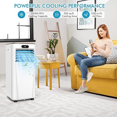 COSTWAY 10000BTU Portable Air Conditioner, with Drying, Fan, Sleep Mode, 2 Speeds, 24H Timer, Cools Room up to 350 Sq. ft, for Room & Office, Window Kit Included (Dark and White)